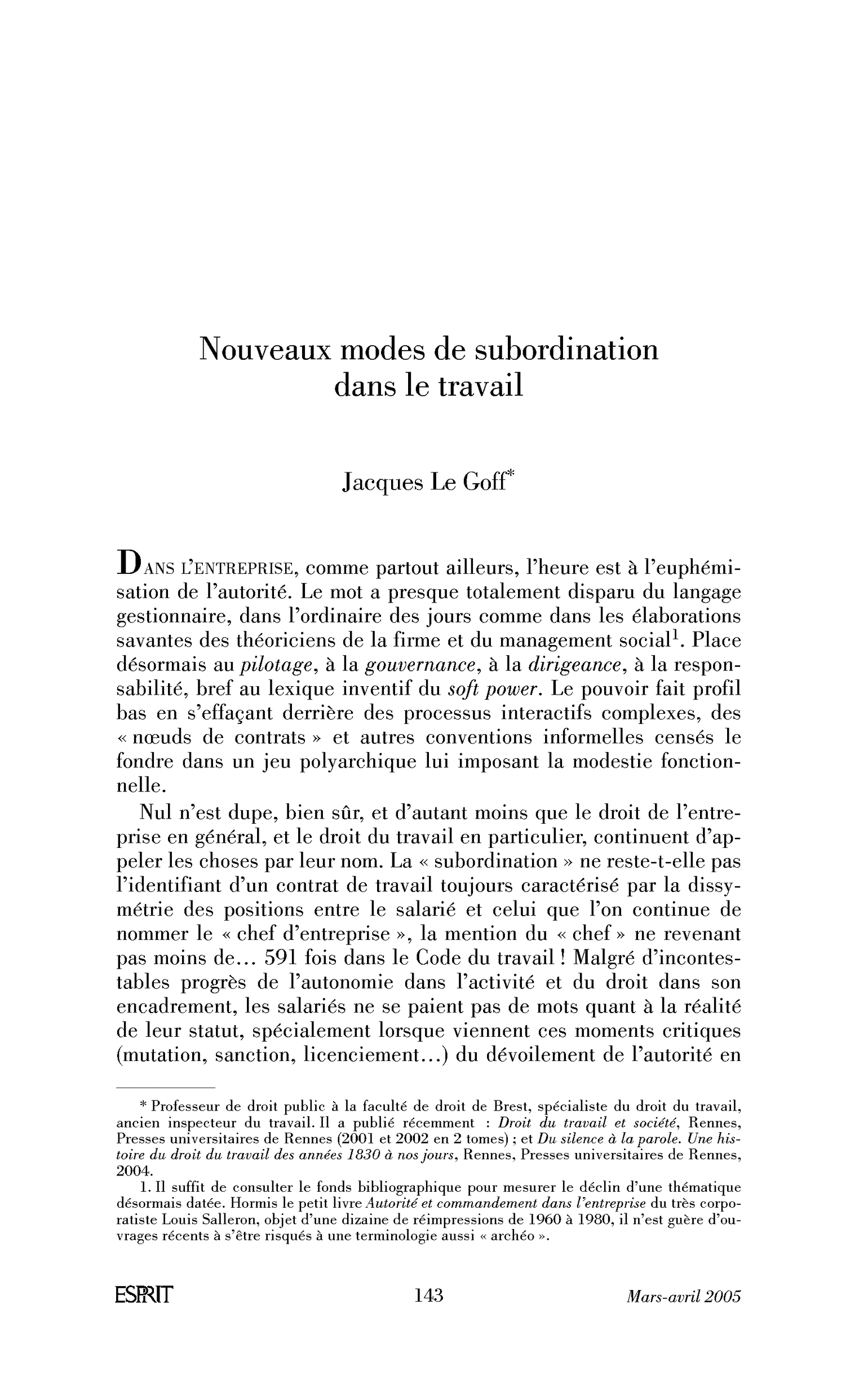 Nouveaux modes de subordination dans le travail