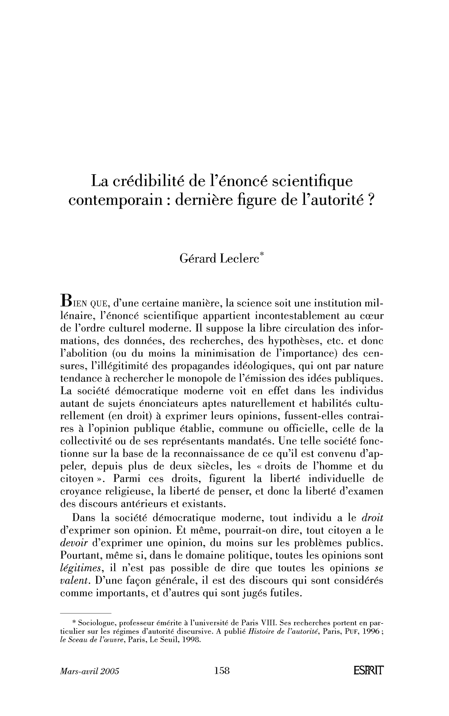 La crédibilité de l’énoncé scientifique contemporain: dernière figure de l’autorité?