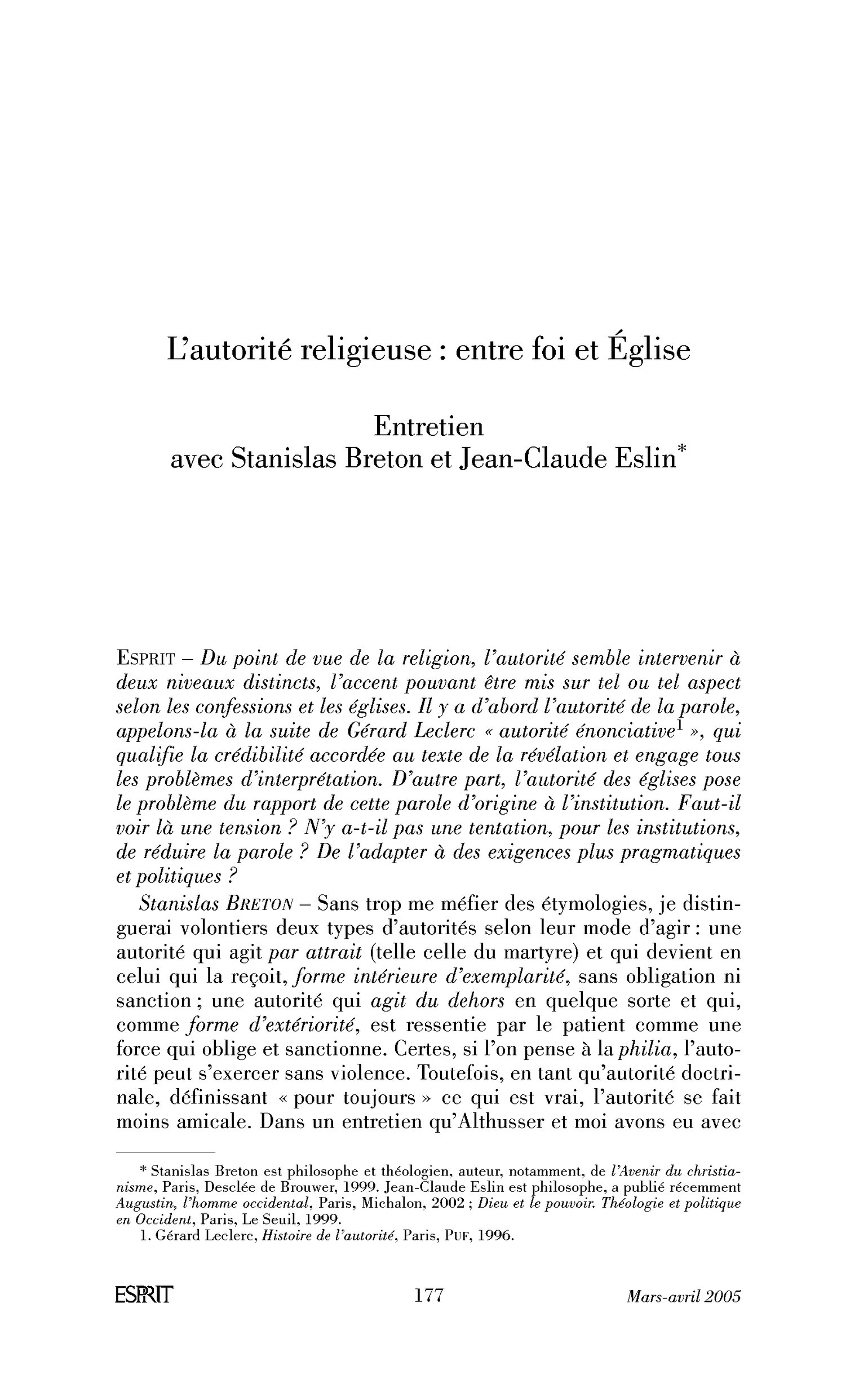 L’autorité religieuse: entre foi et Église. (Entretien)