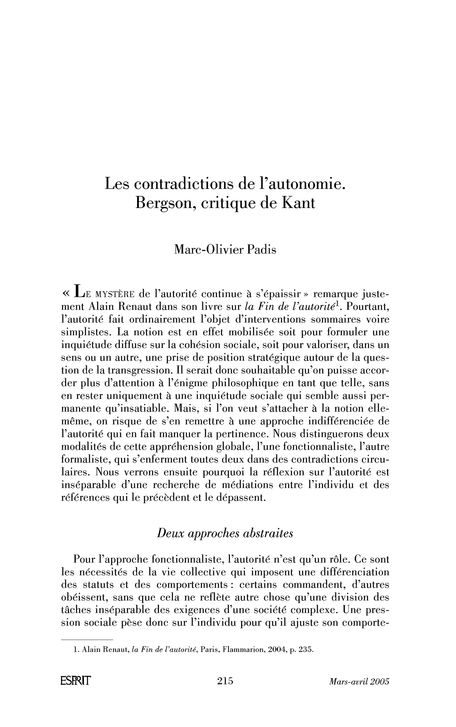 Les contradictions de l’autonomie. Bergson, critique de Kant