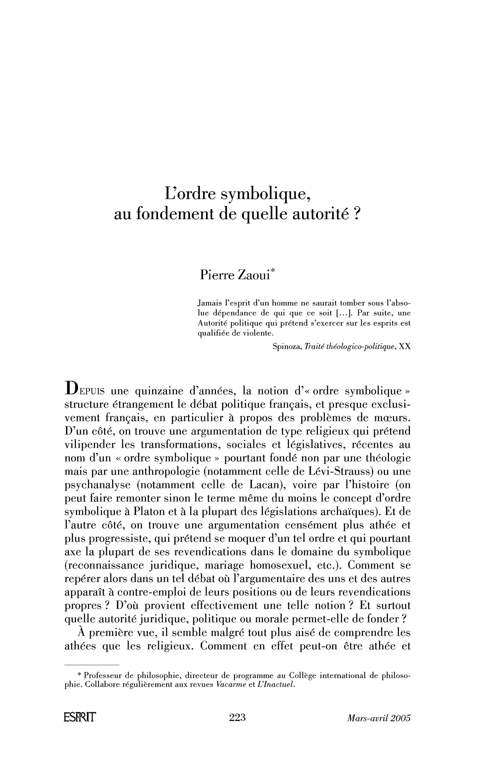L’ordre symbolique, au fondement de quelle autorité?