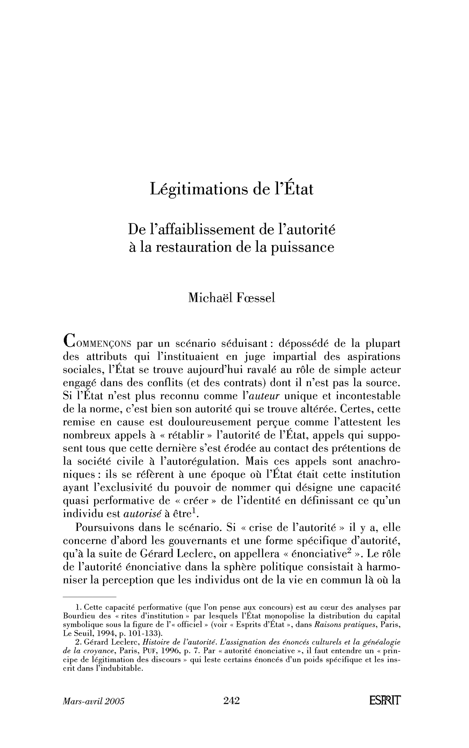 Légitimations de l’État. De l’affaiblissement de l’autorité à la restauration de la puissance