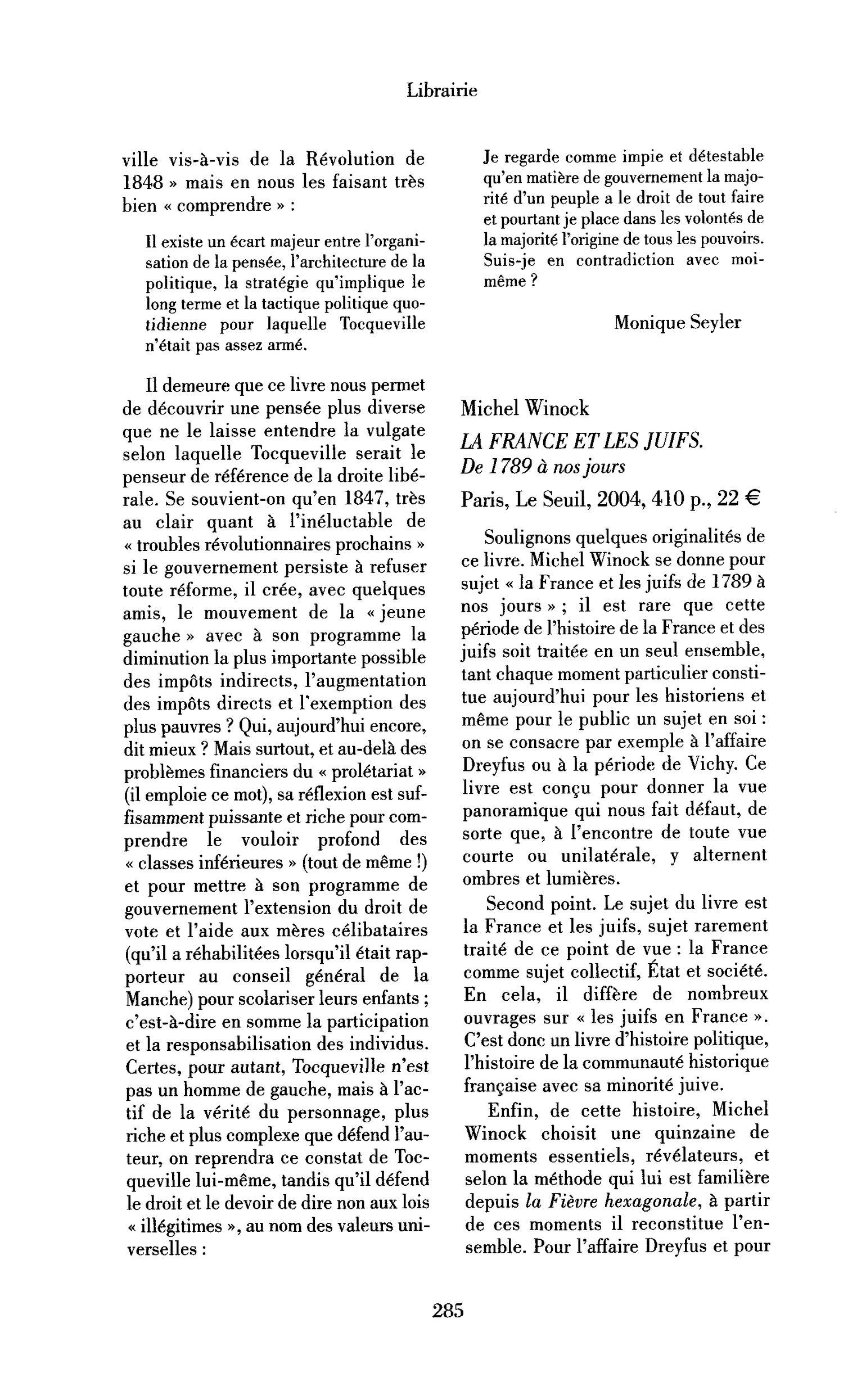 Michel Winock: la France et les Juifs. De 1789 à nos jours