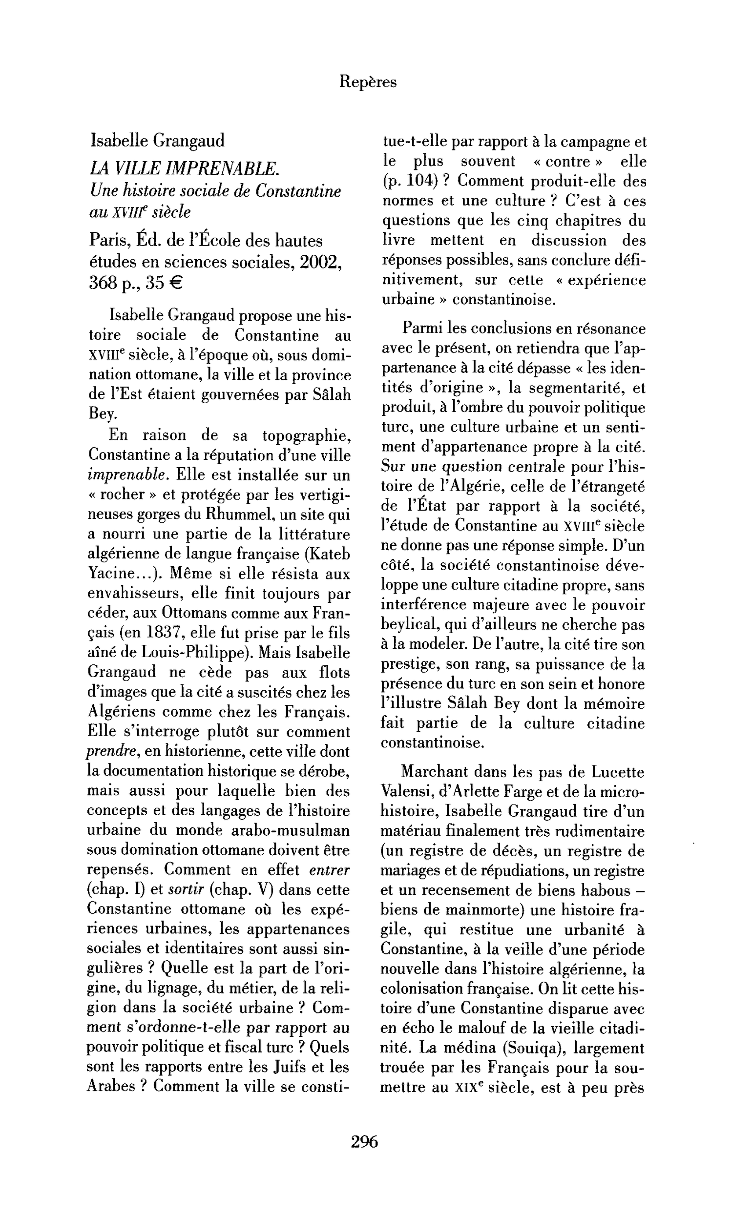 Isabelle Grangaud: la Ville imprenable. Une histoire sociale de Constantine au XVIIIe siècle