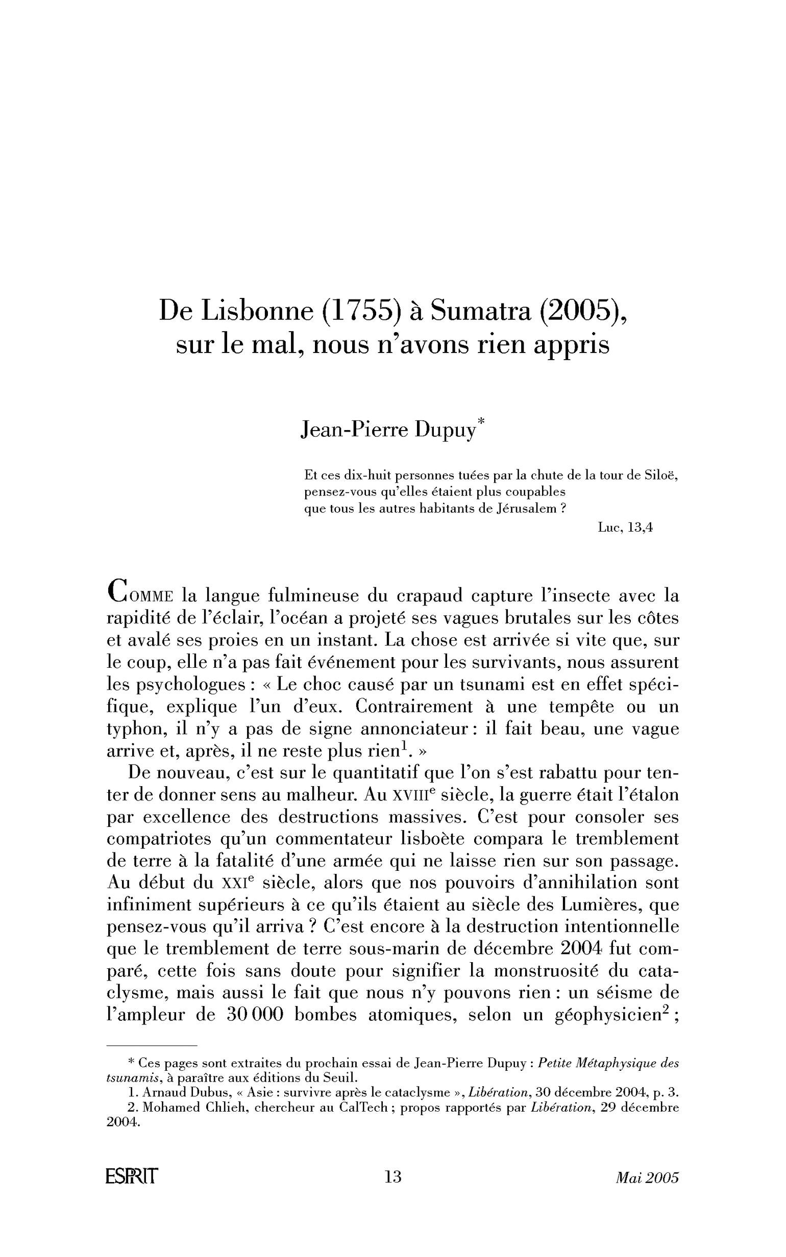 De Lisbonne (1755) à Sumatra (2005), sur le mal, nous n’avons rien appris