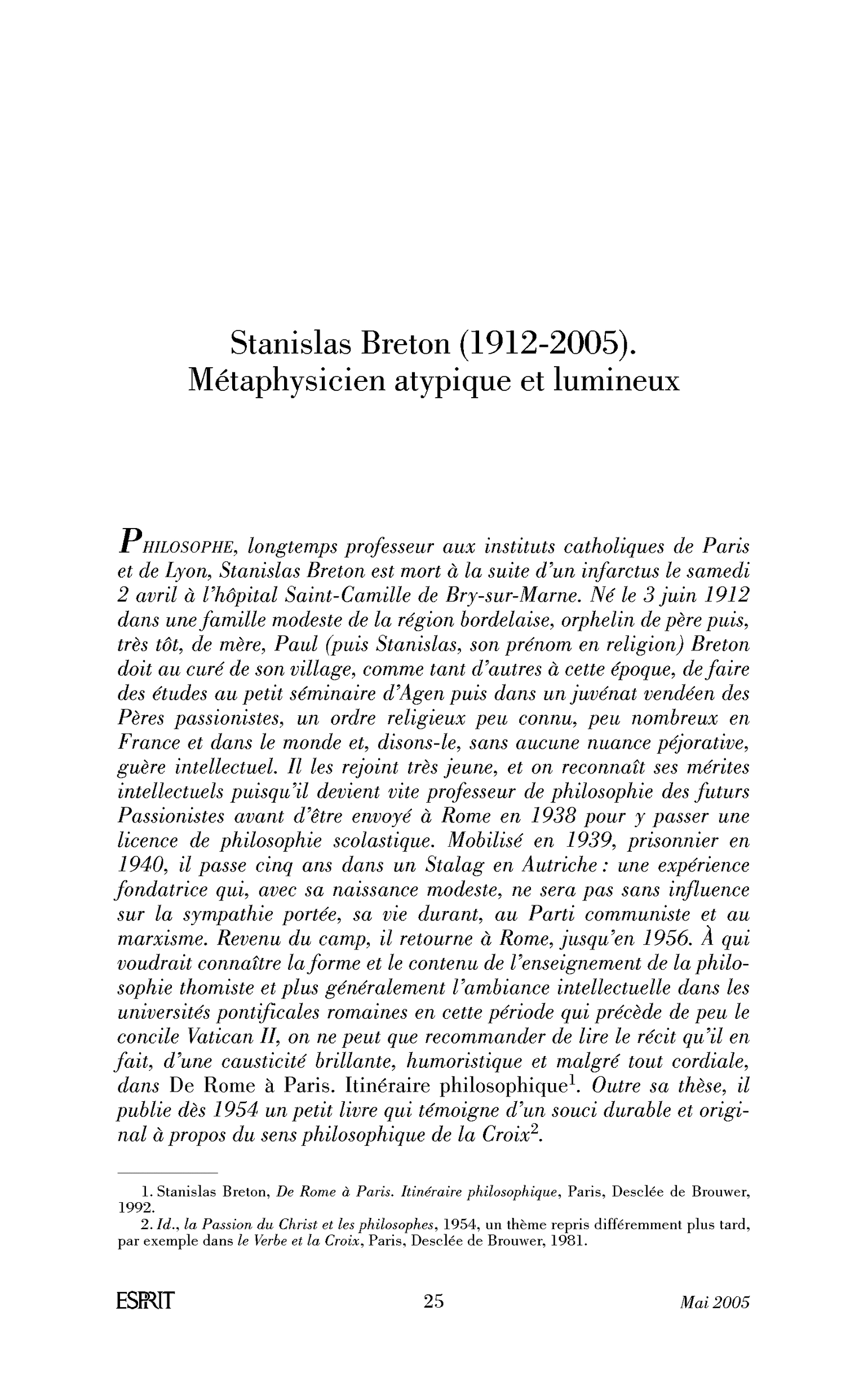 Stanislas Breton (1912-2005). Métaphysicien atypique et lumineux