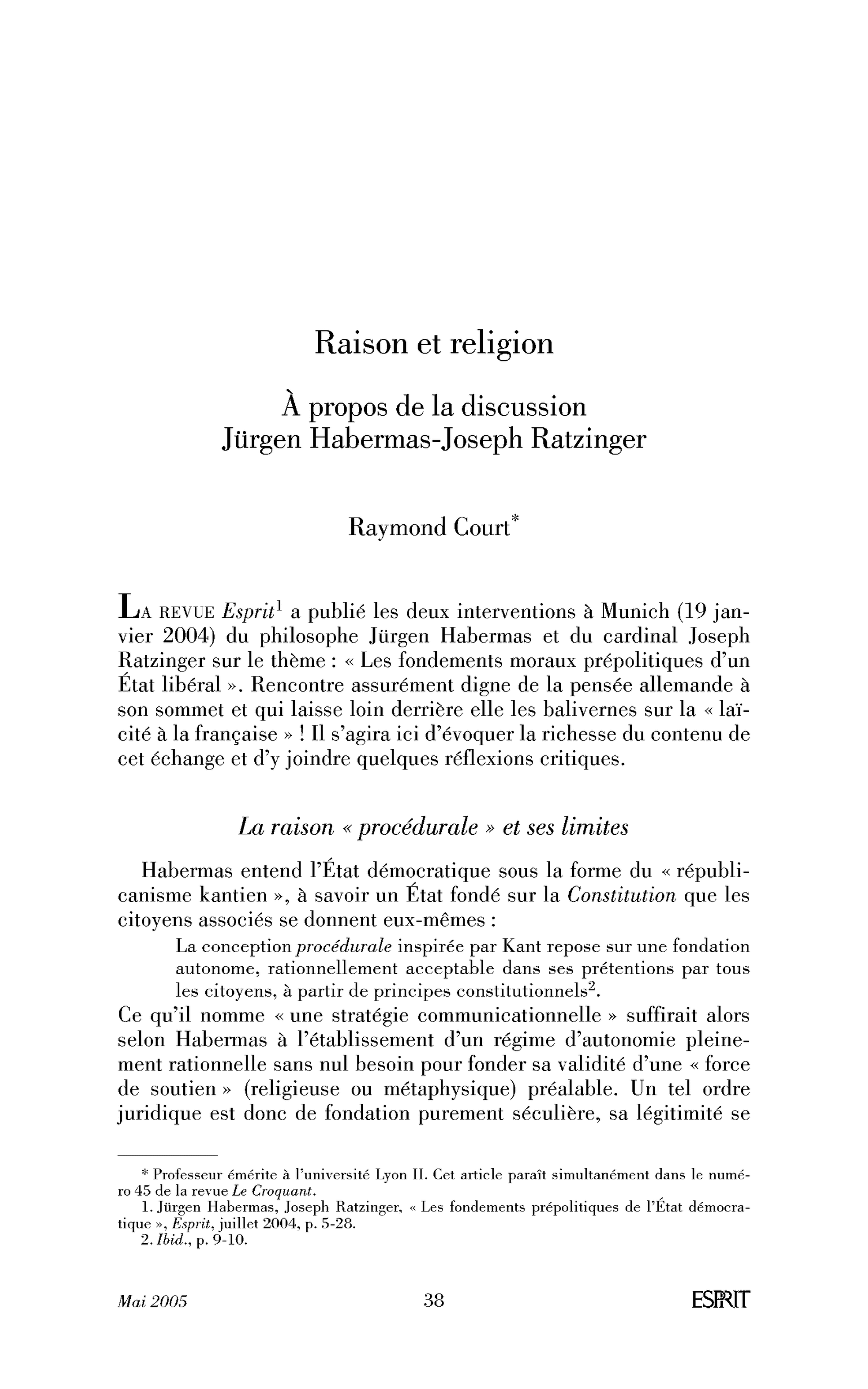 Raison et religion. À propos de la discussion Jürgen Habermas-Joseph Ratzinger