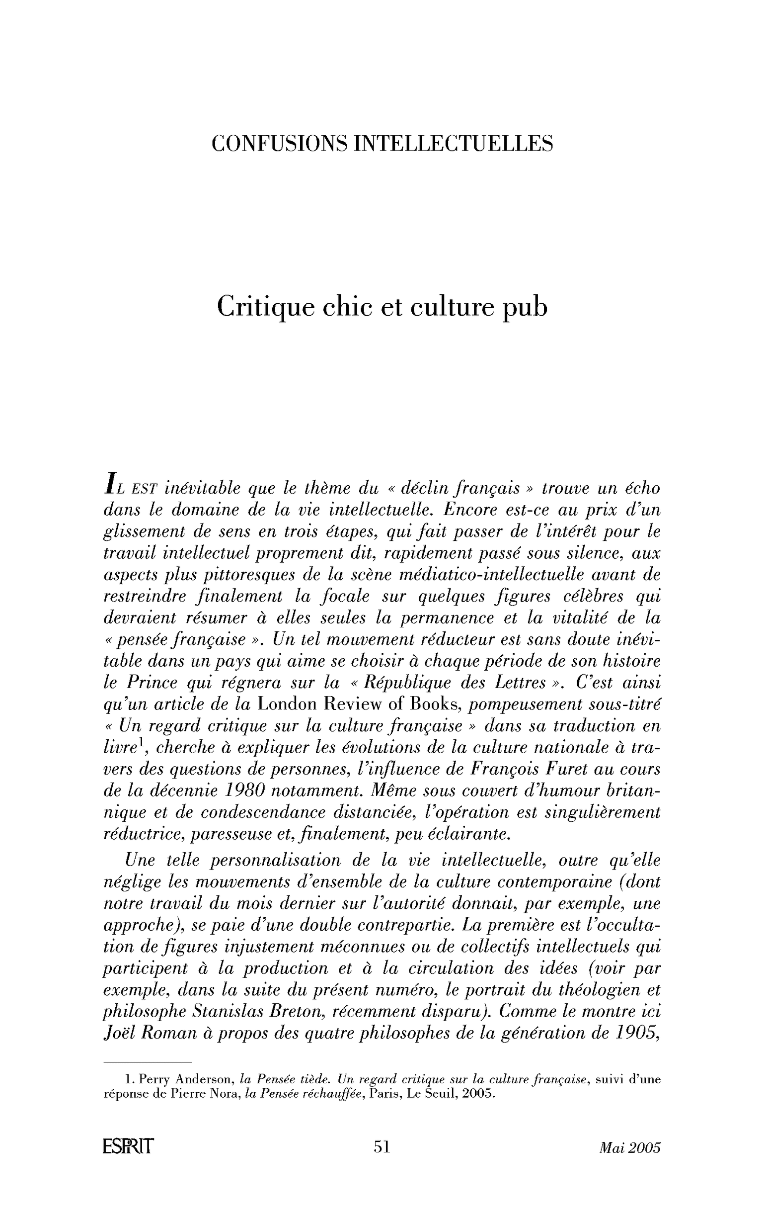 Introduction. Critique chic et culture pub
