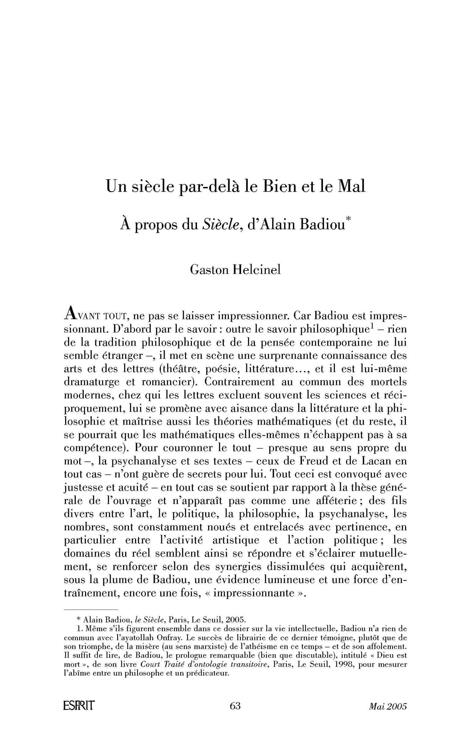 Un siècle par-delà le Bien et le Mal. À propos du Siècle, d’Alain Badiou