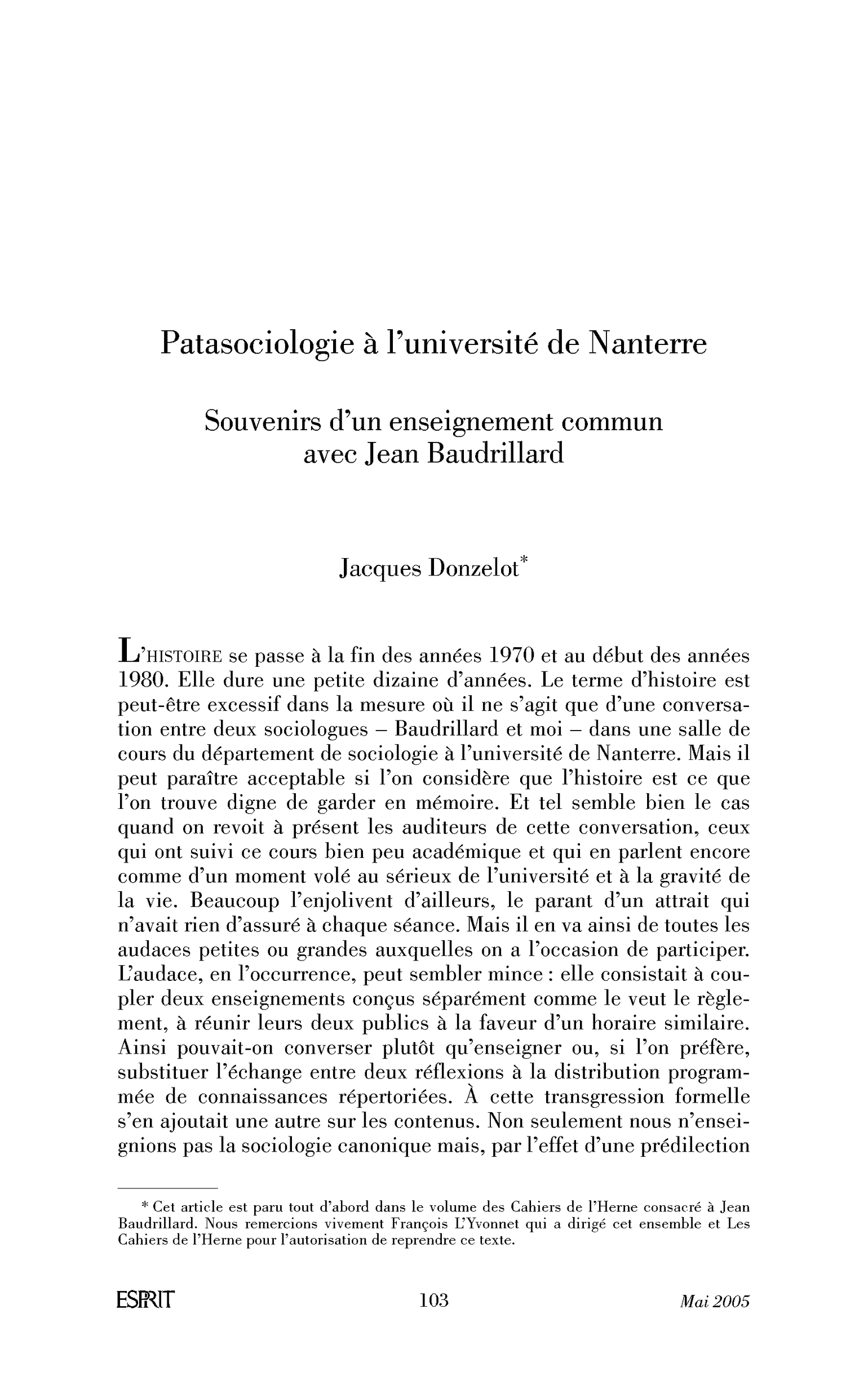 Patasociologie à l’université de Nanterre. Souvenirs d’un enseignement commun avec Jean Baudrillard