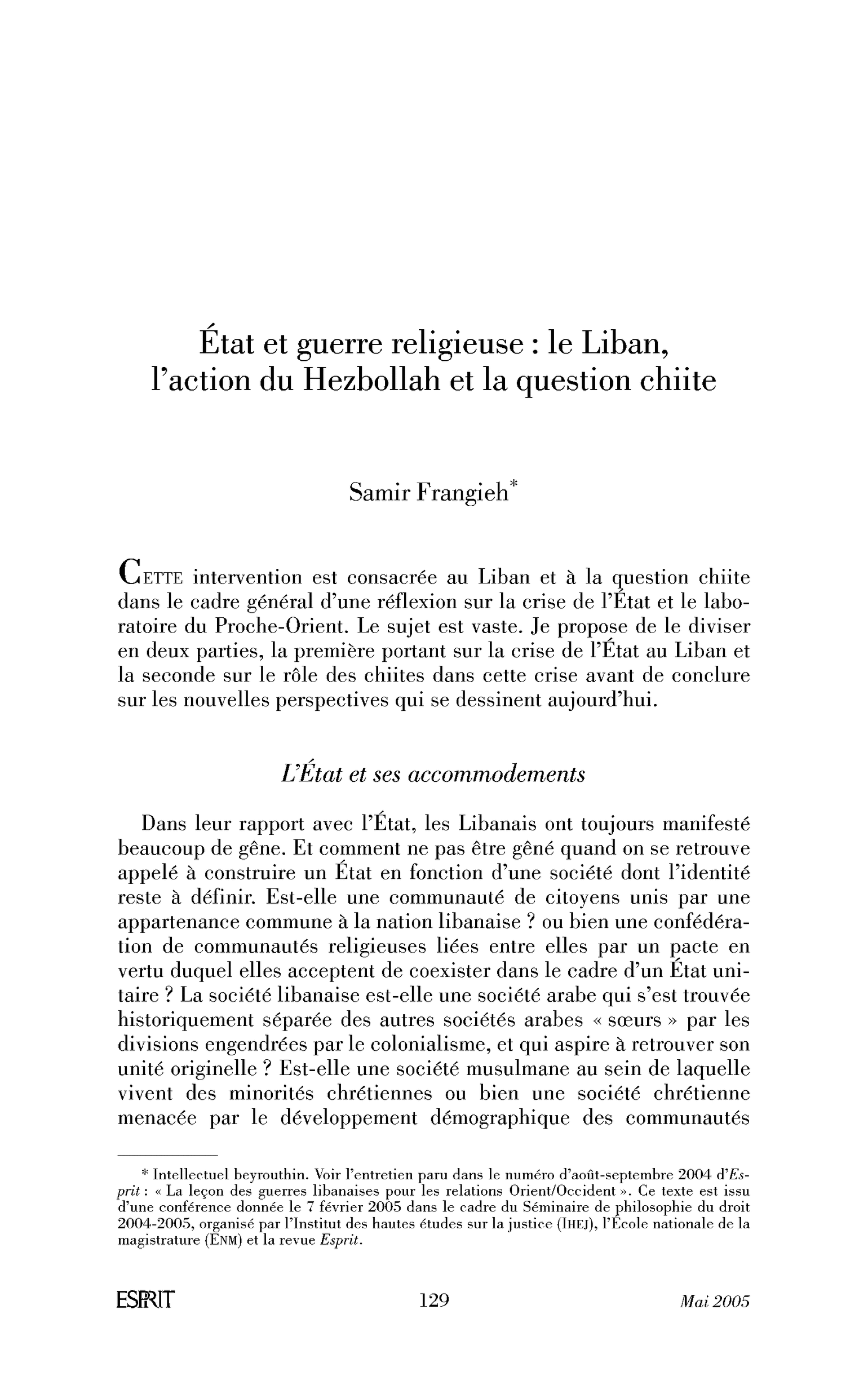 État et guerre religieuse : le Liban, l’action du Hezbollah et la question chiite