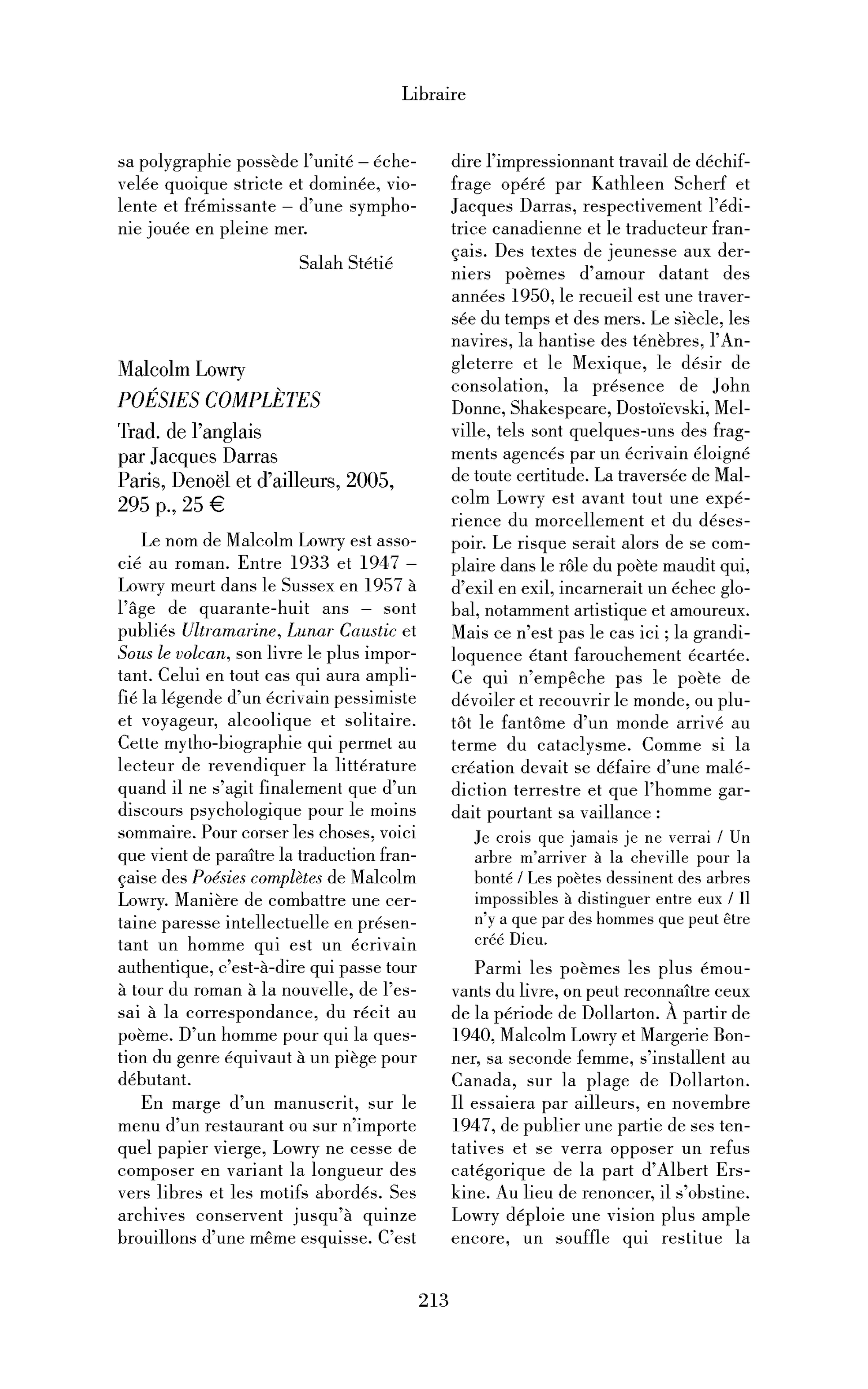 Malcolm Lowry: Poésies complètes