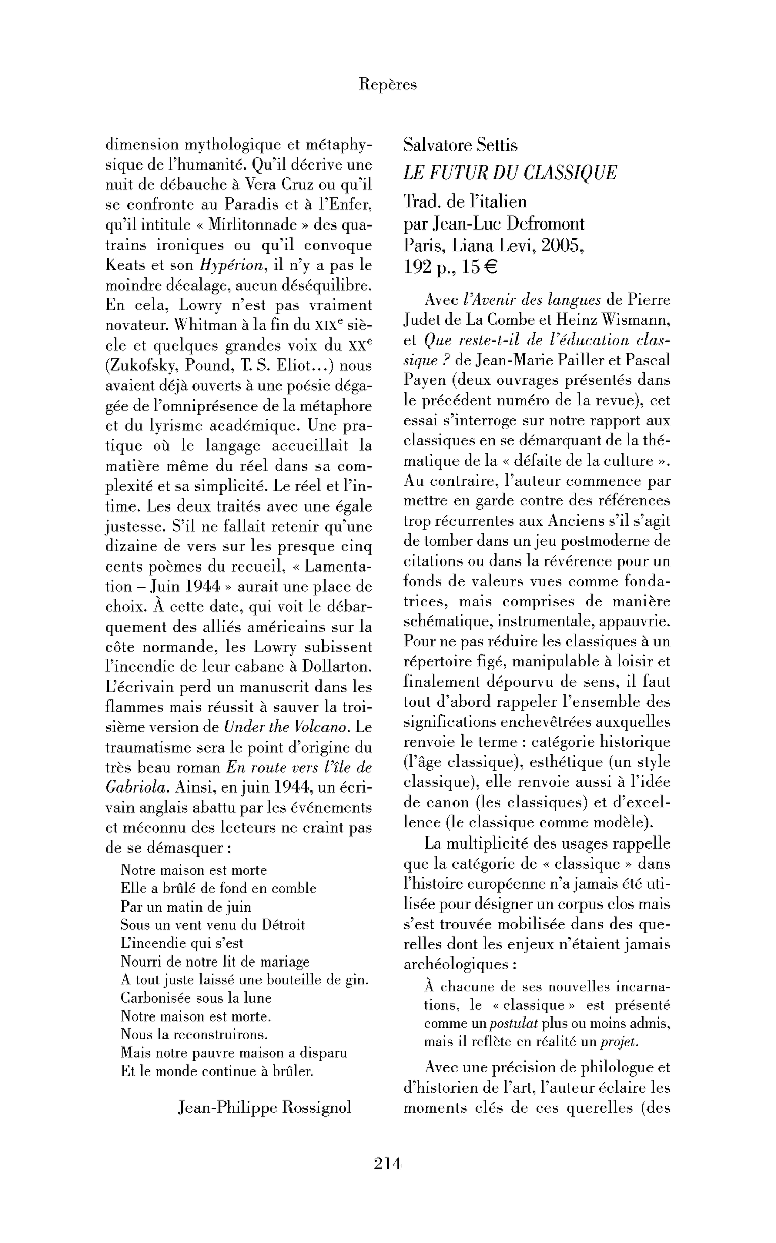 Salvatore Settis: le Futur du classique