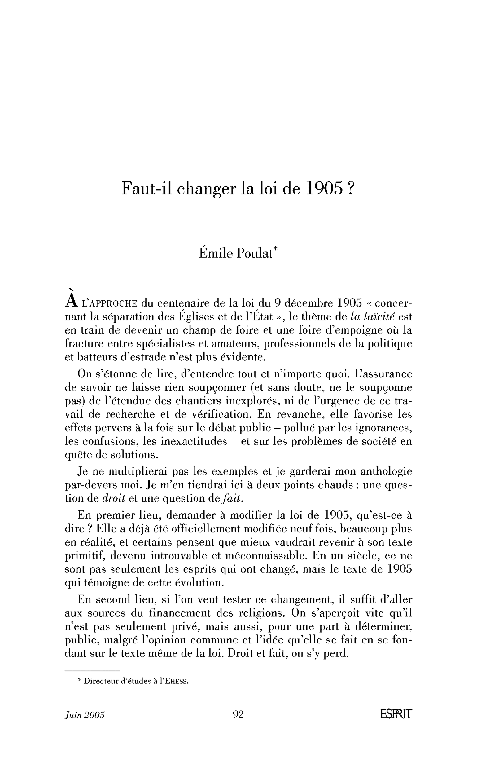 Faut-il changer la loi de 1905 ?