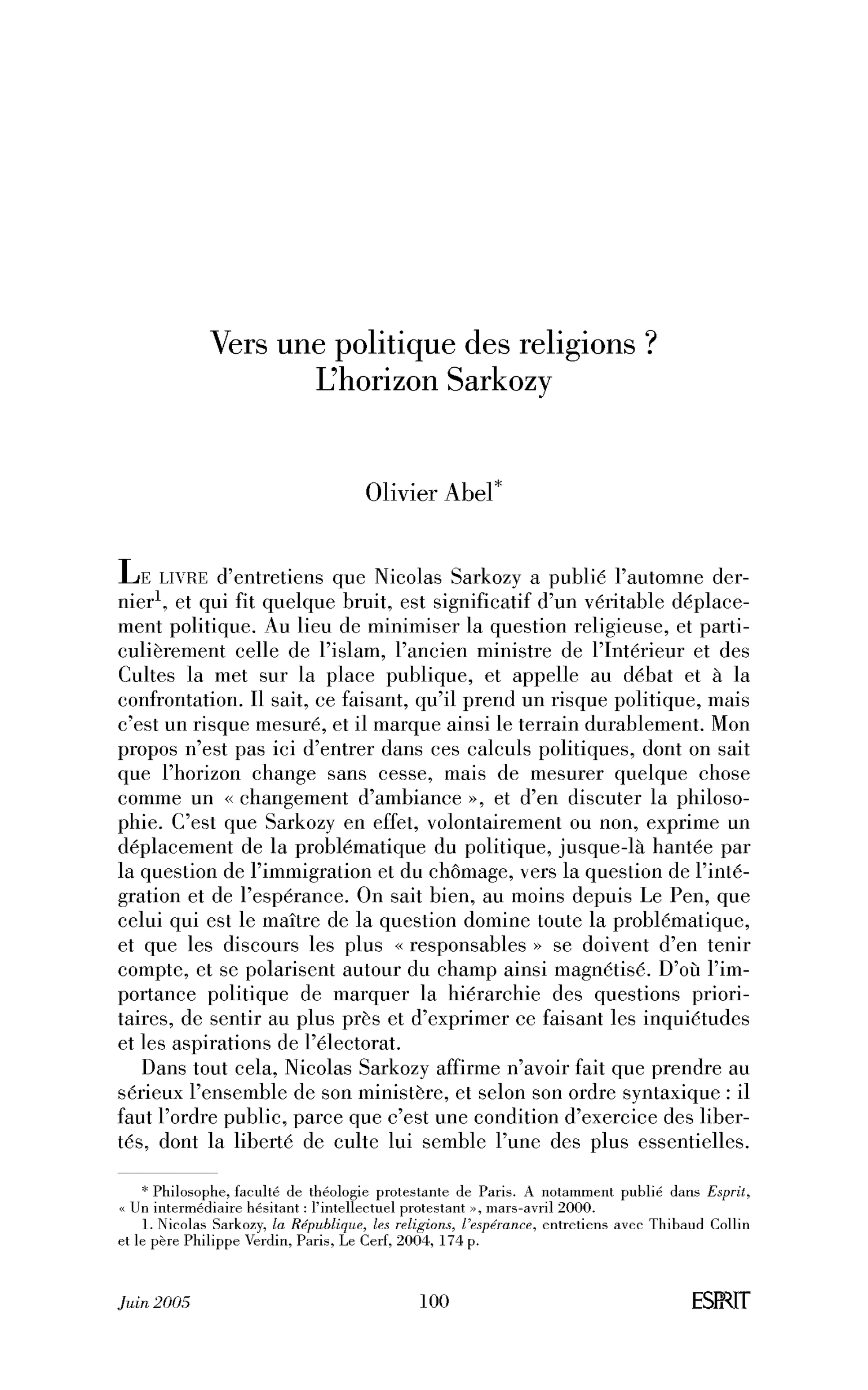 Vers une politique des religions ? L’horizon Sarkozy