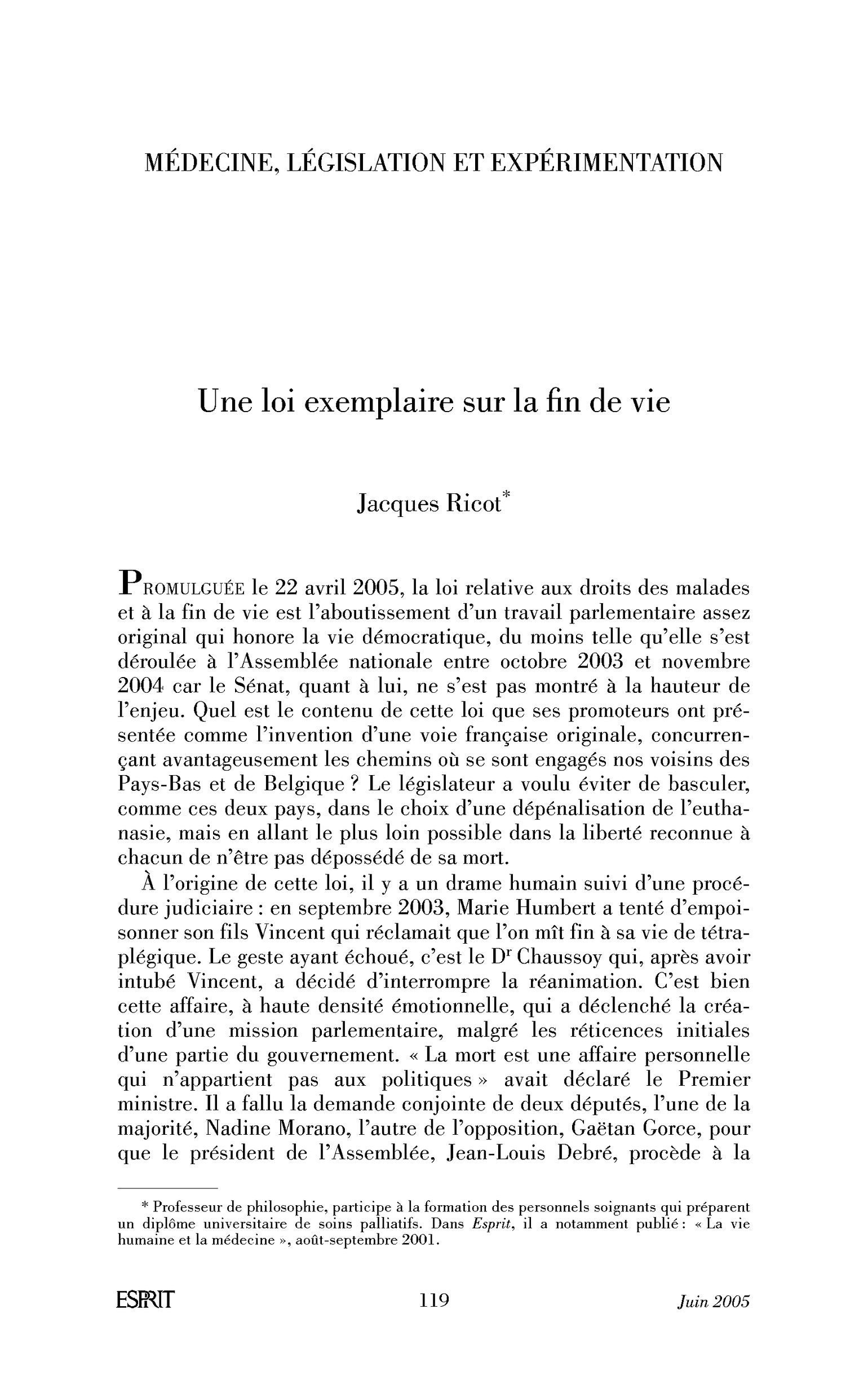 Une loi exemplaire sur la fin de vie