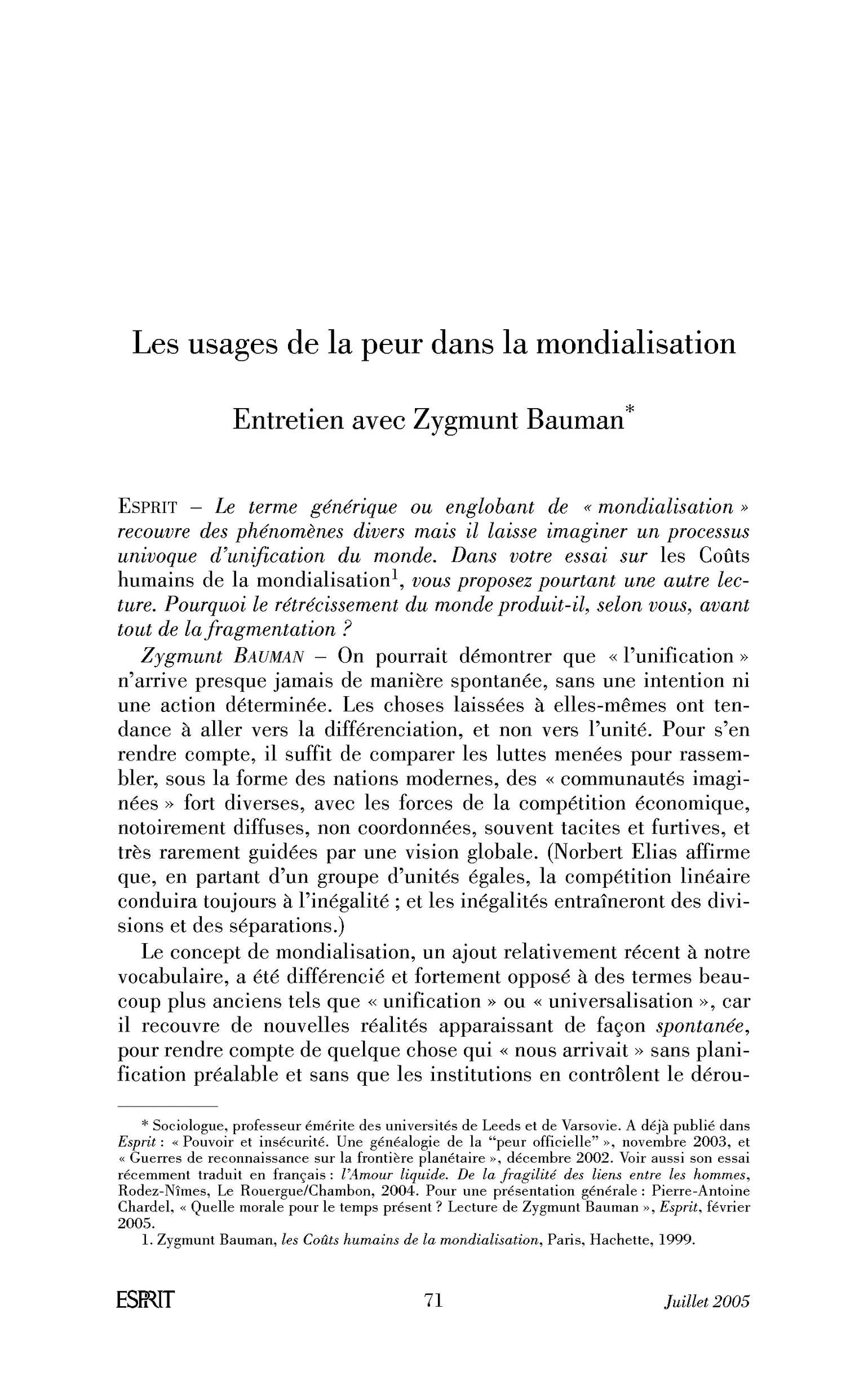 Les usages de la peur dans la mondialisation. (Entretien)
