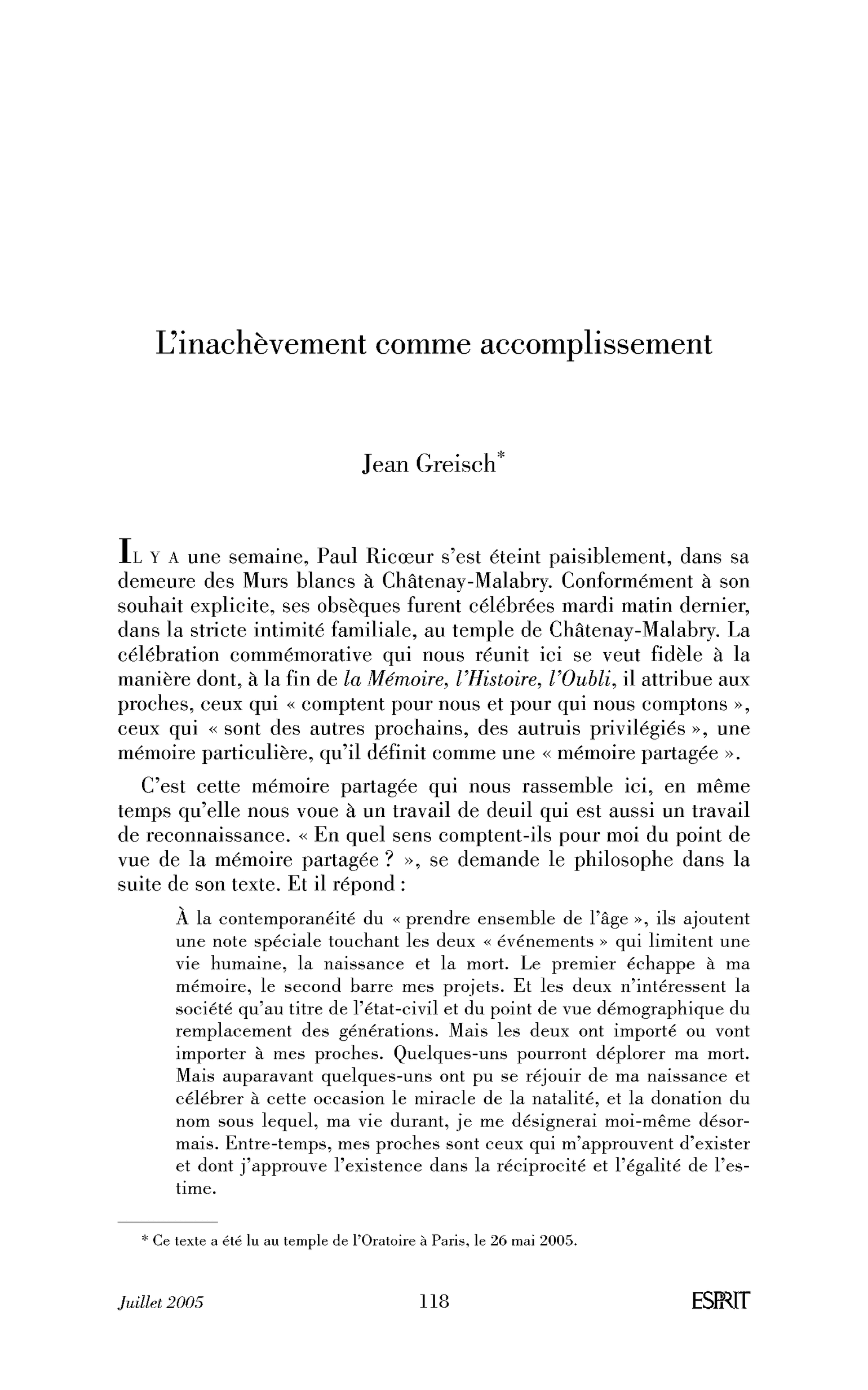 L’inachèvement comme accomplissement