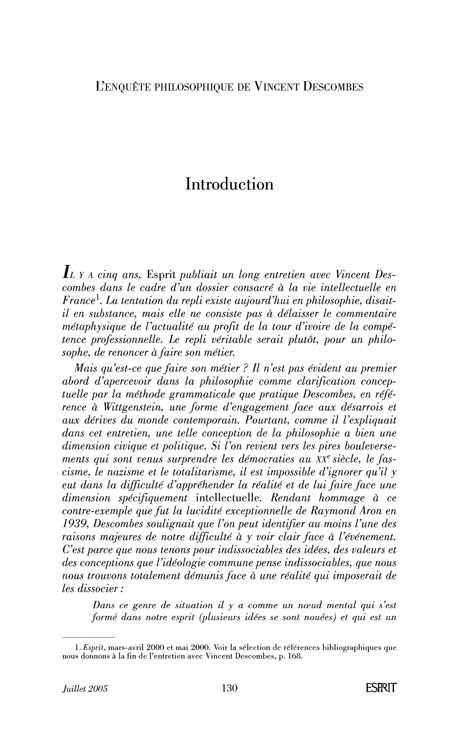 Introduction. L’enquête philosophique de Vincent Descombes