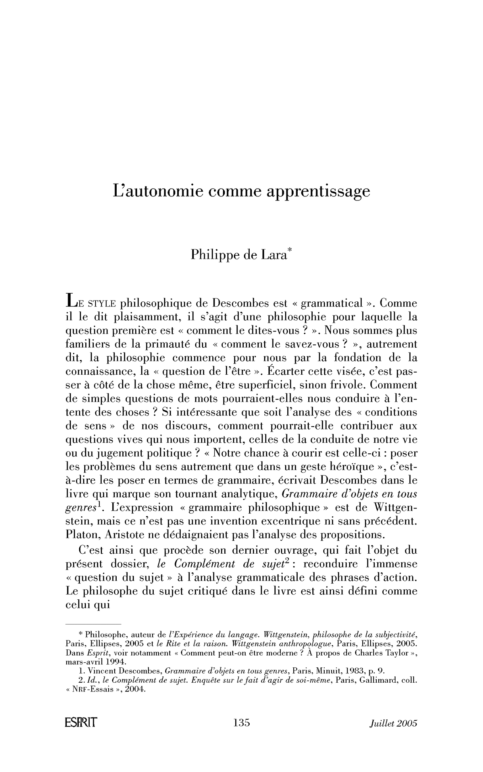 L’autonomie comme apprentissage