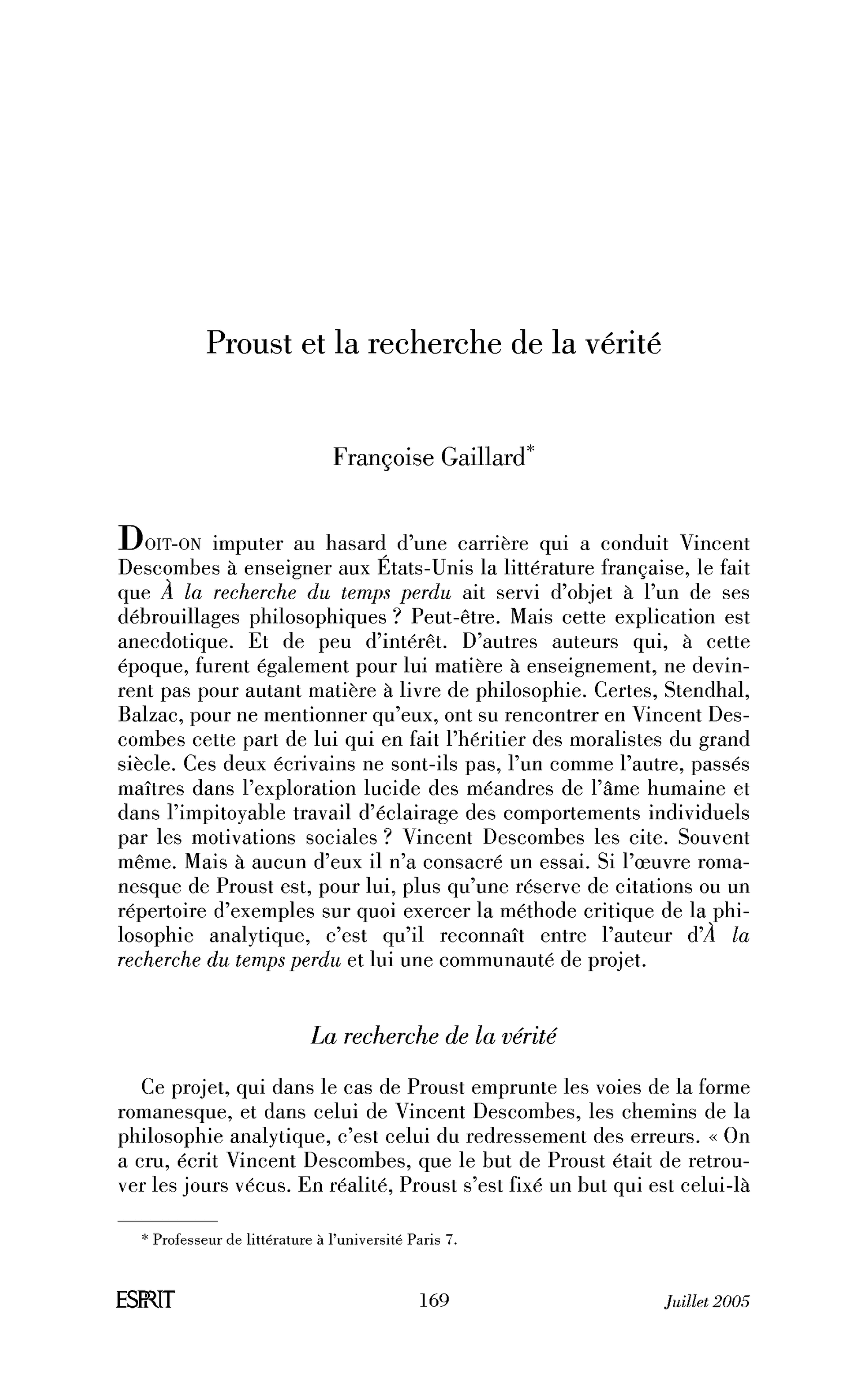 Proust et la recherche de la vérité