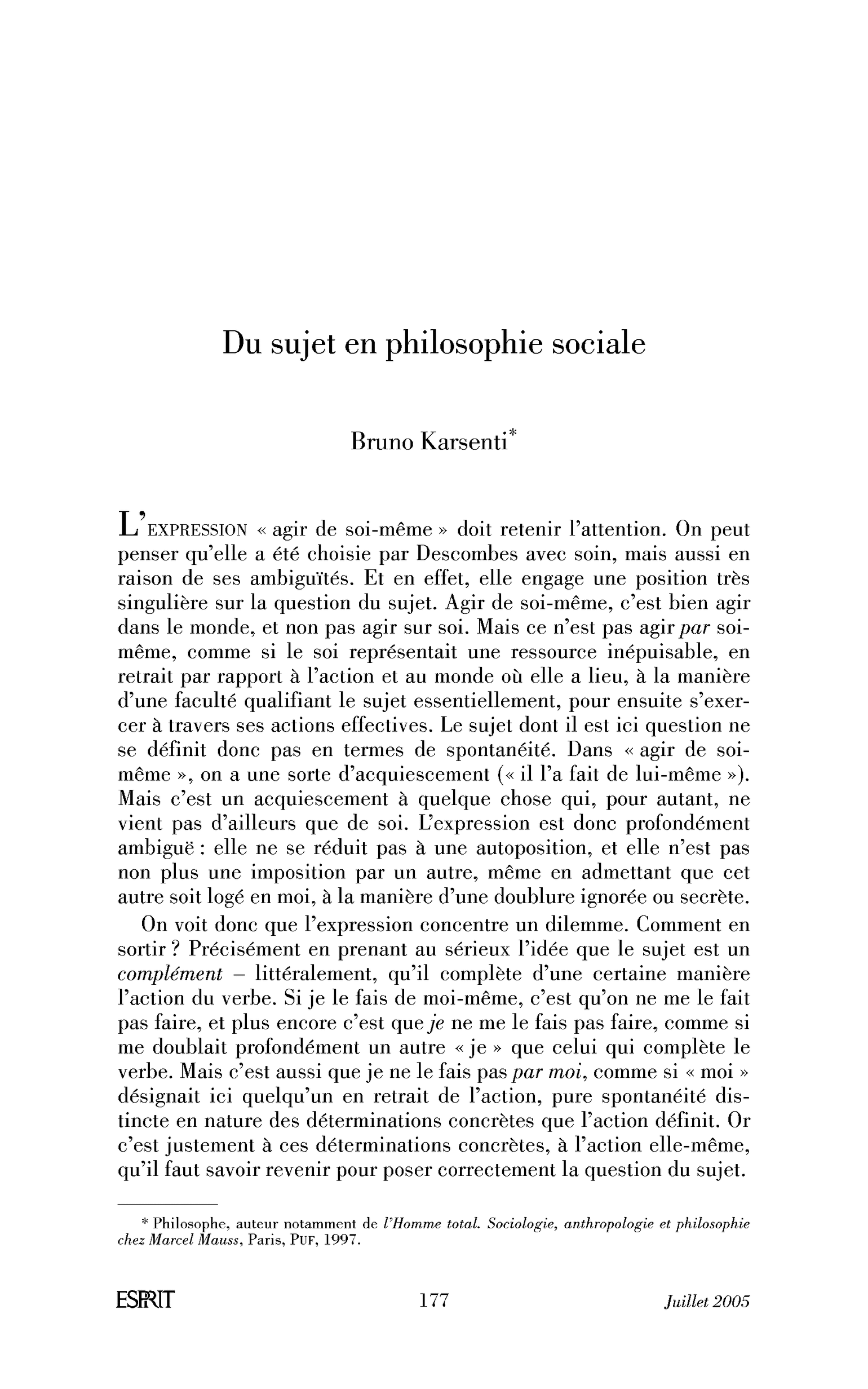 Du sujet en philosophie sociale