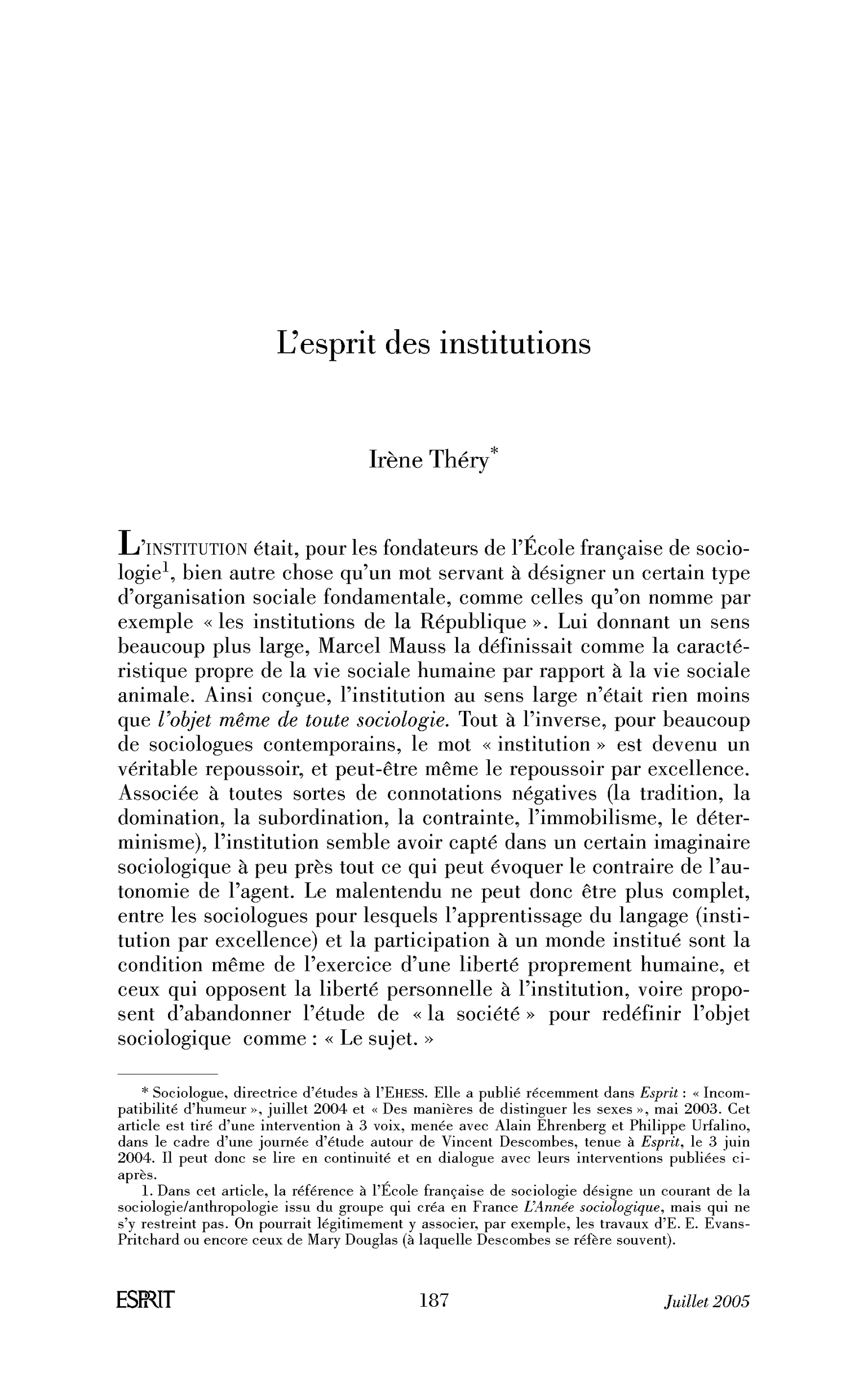 L’esprit des institutions
