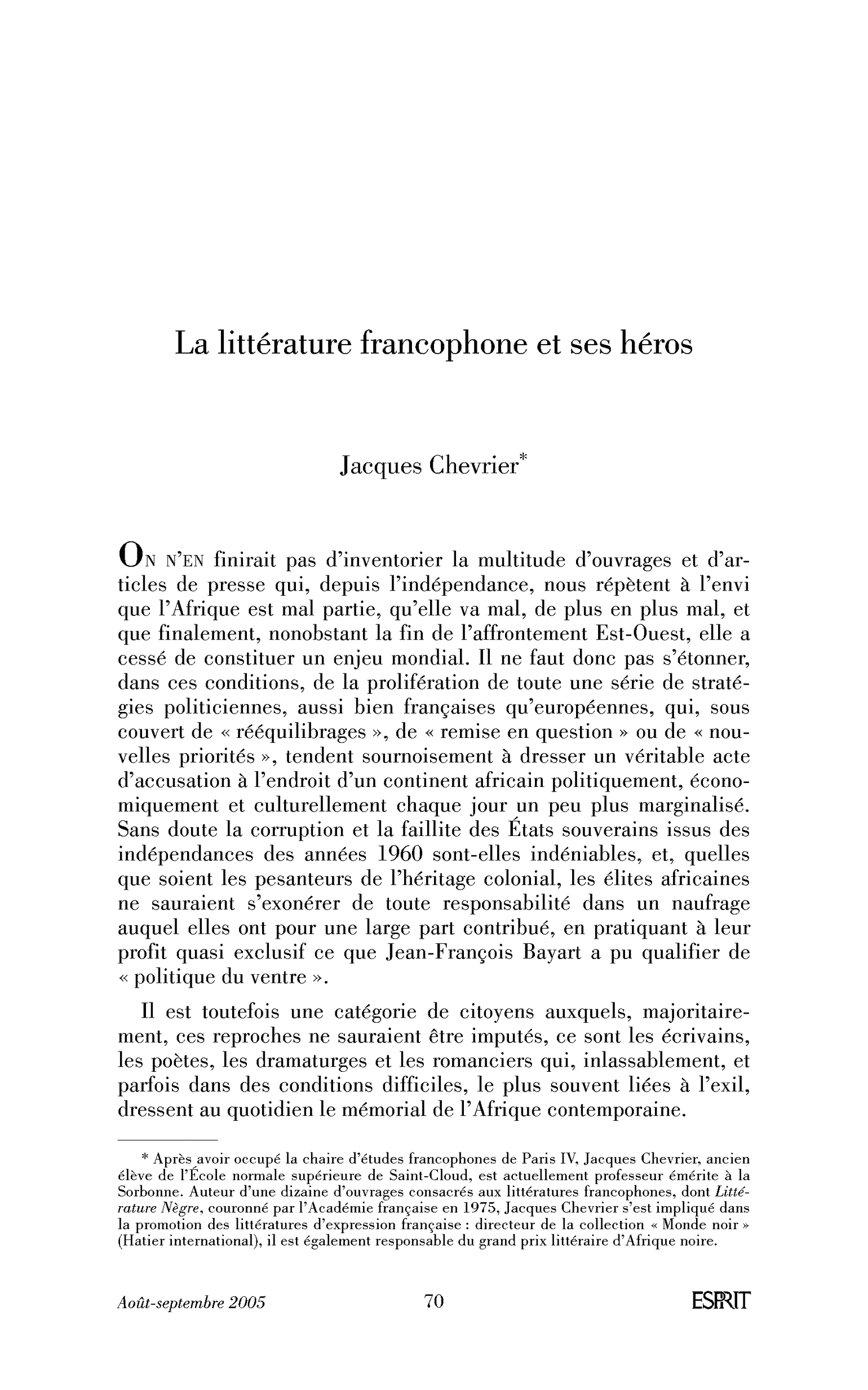 La littérature francophone et ses héros