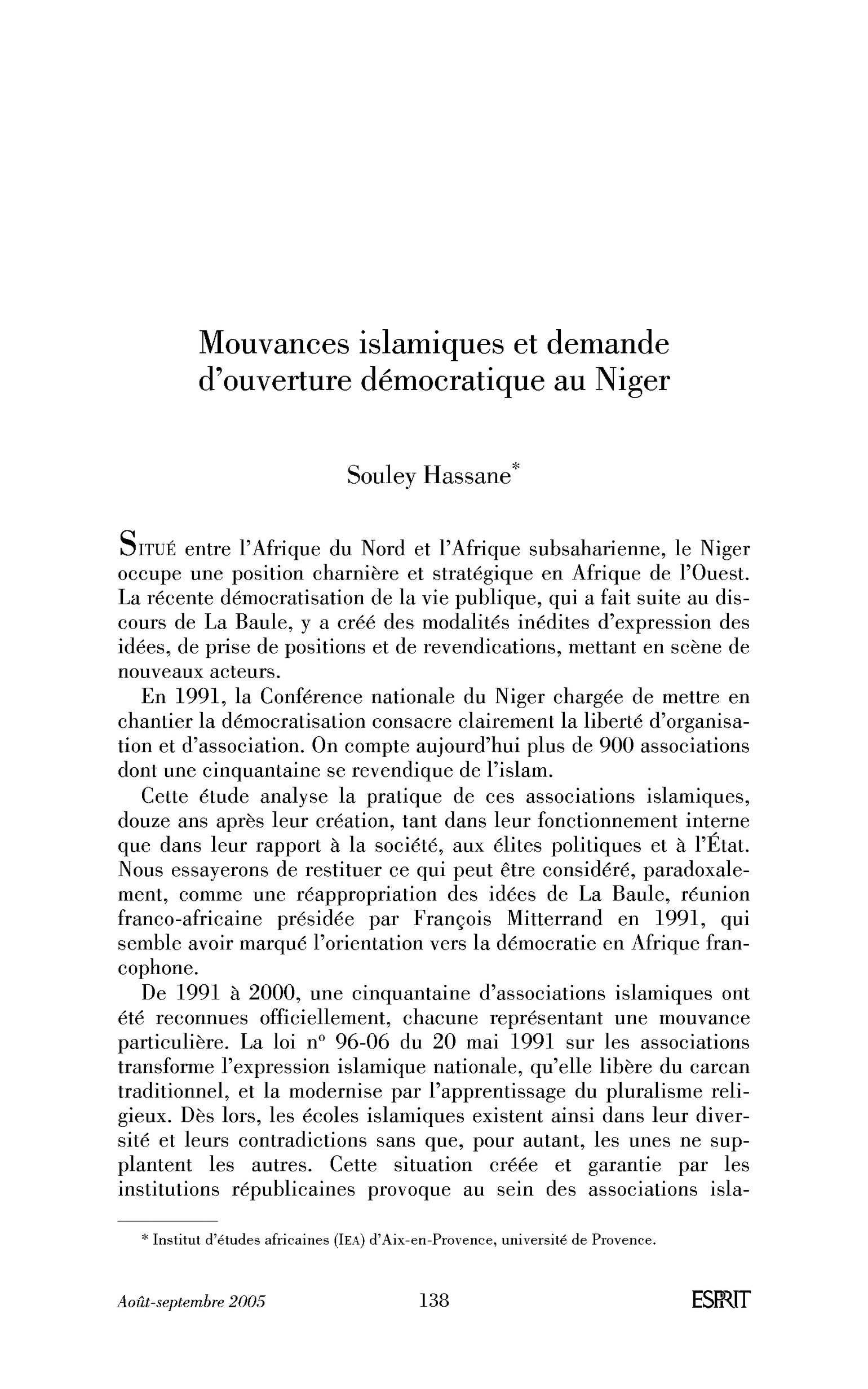 Mouvances islamiques et demande d’ouverture démocratique au Niger