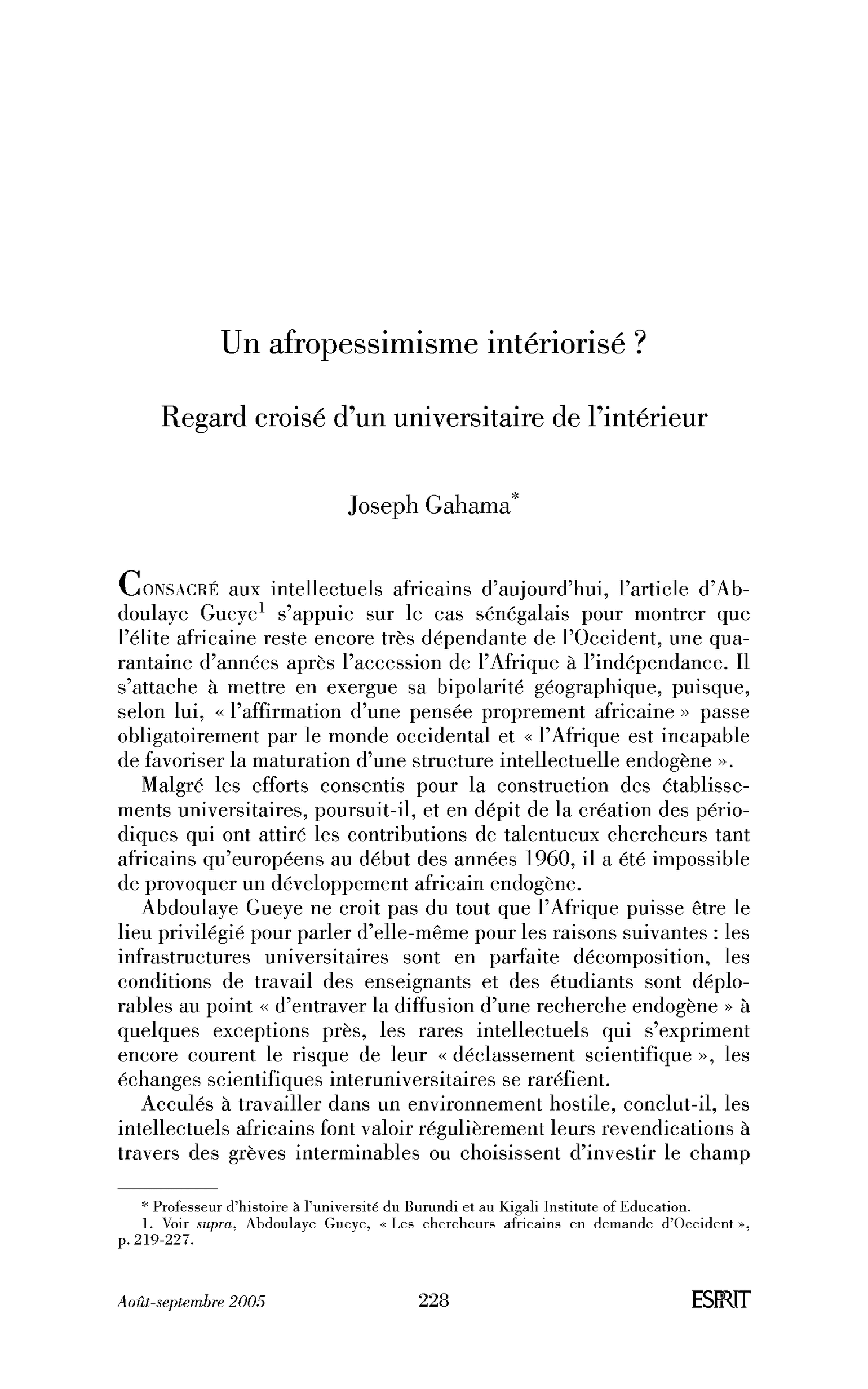 Un afropessimisme intériorisé ? Regard croisé d’un universitaire de l’intérieur