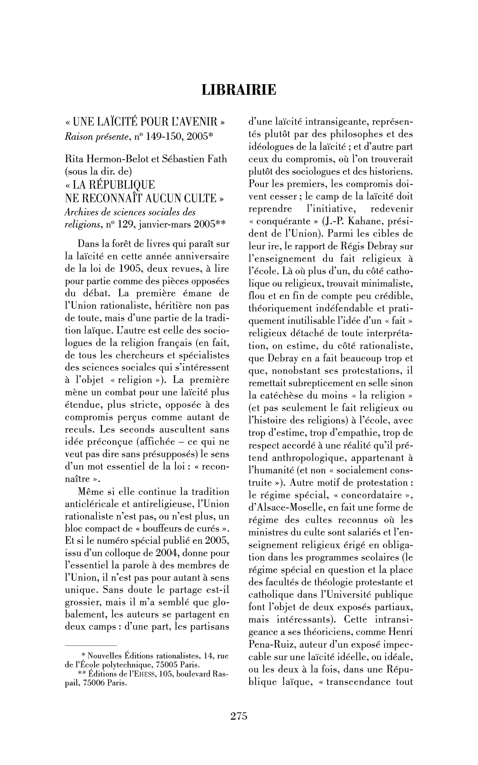 « La République ne reconnaît aucun culte »