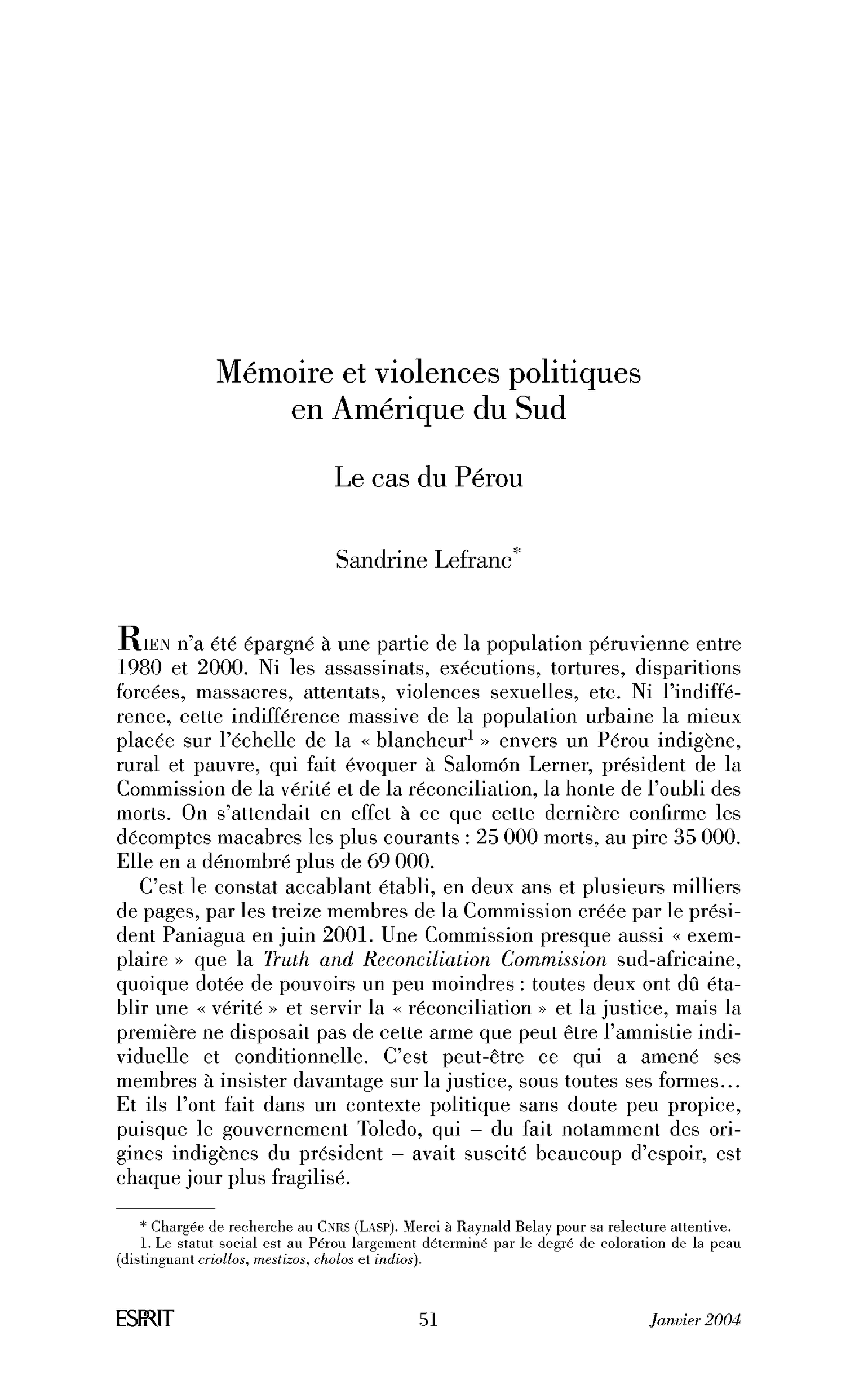 Mémoires et violences politiques en Amérique du Sud. Le cas du Pérou