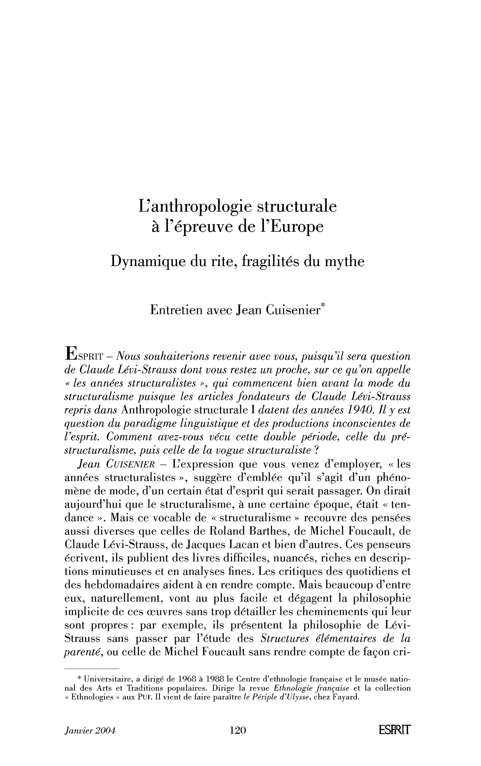 L’anthropologie structurale à l’épreuve de l’Europe. Dynamique du rite, fragilités du mythe. (Entretien)