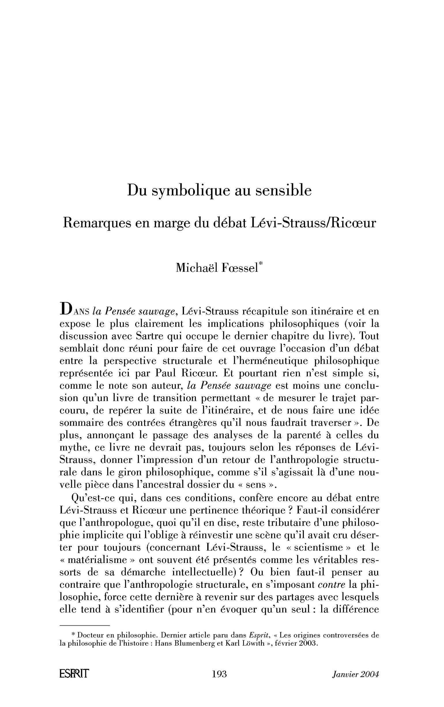 Du symbolique au sensible. Remarques en marge du débat Lévi-Strauss/Ricœur