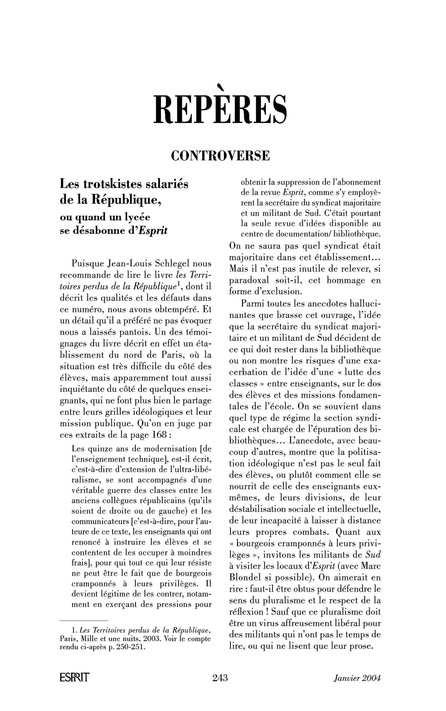 Les trotskistes salariés de la République ou quand un lycée se désabonne d’Esprit