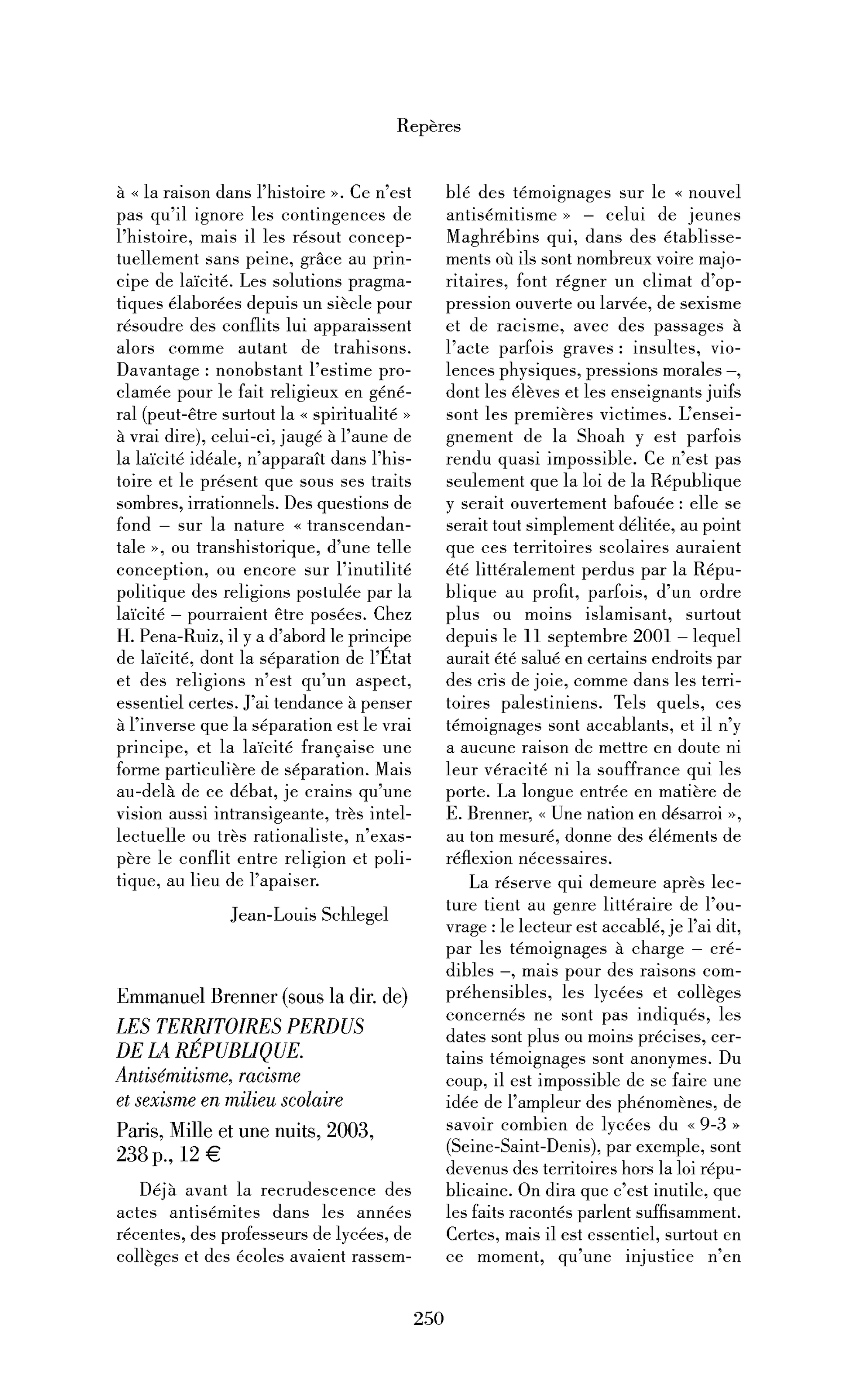Emmanuel Brenner (sous la dir. de): les Territoires perdus de la République. Antisémitisme, racisme et sexisme en milieu scolaire