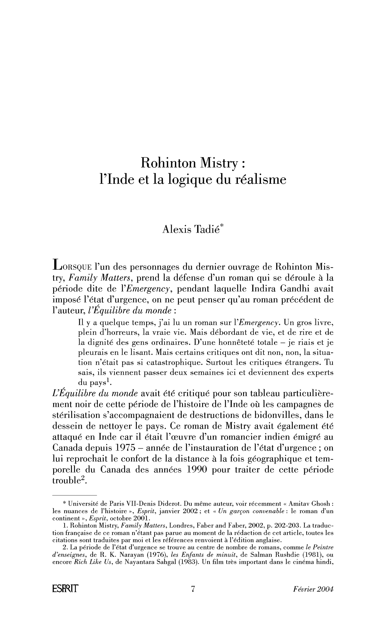 Rohinton Mistry: l’Inde et la logique du réalisme