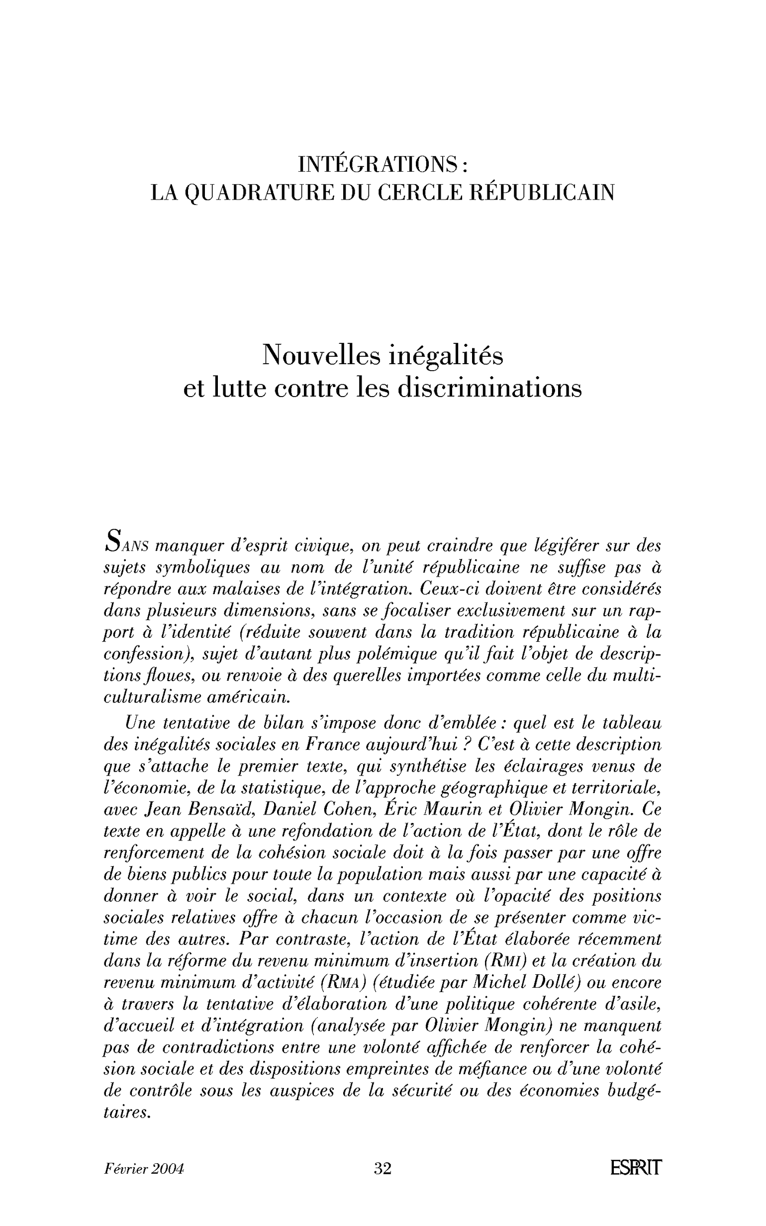 Introduction: Nouvelles inégalités et lutte contre les discriminations.