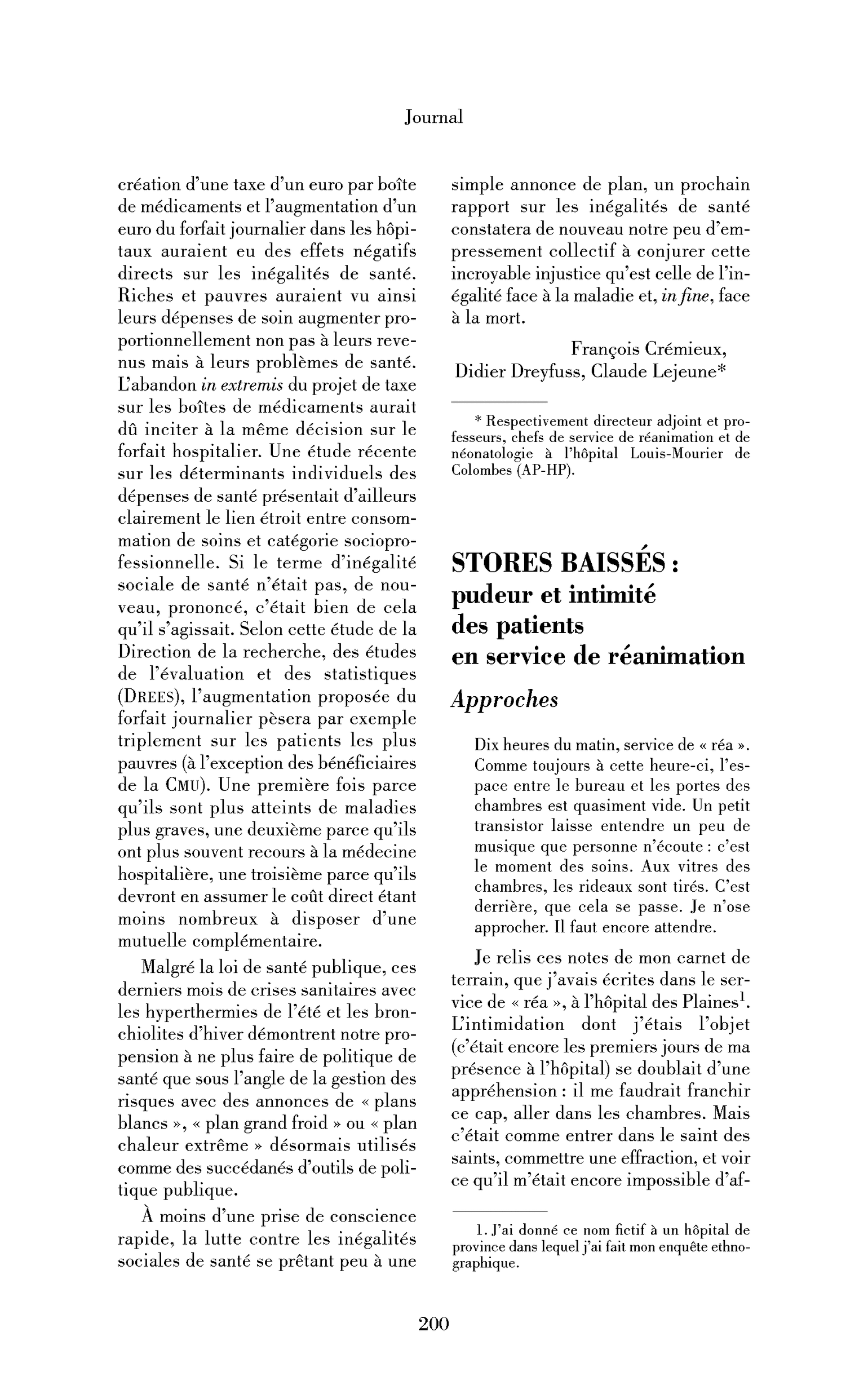 Stores baissés: pudeur et intimité des patients en service de réanimation