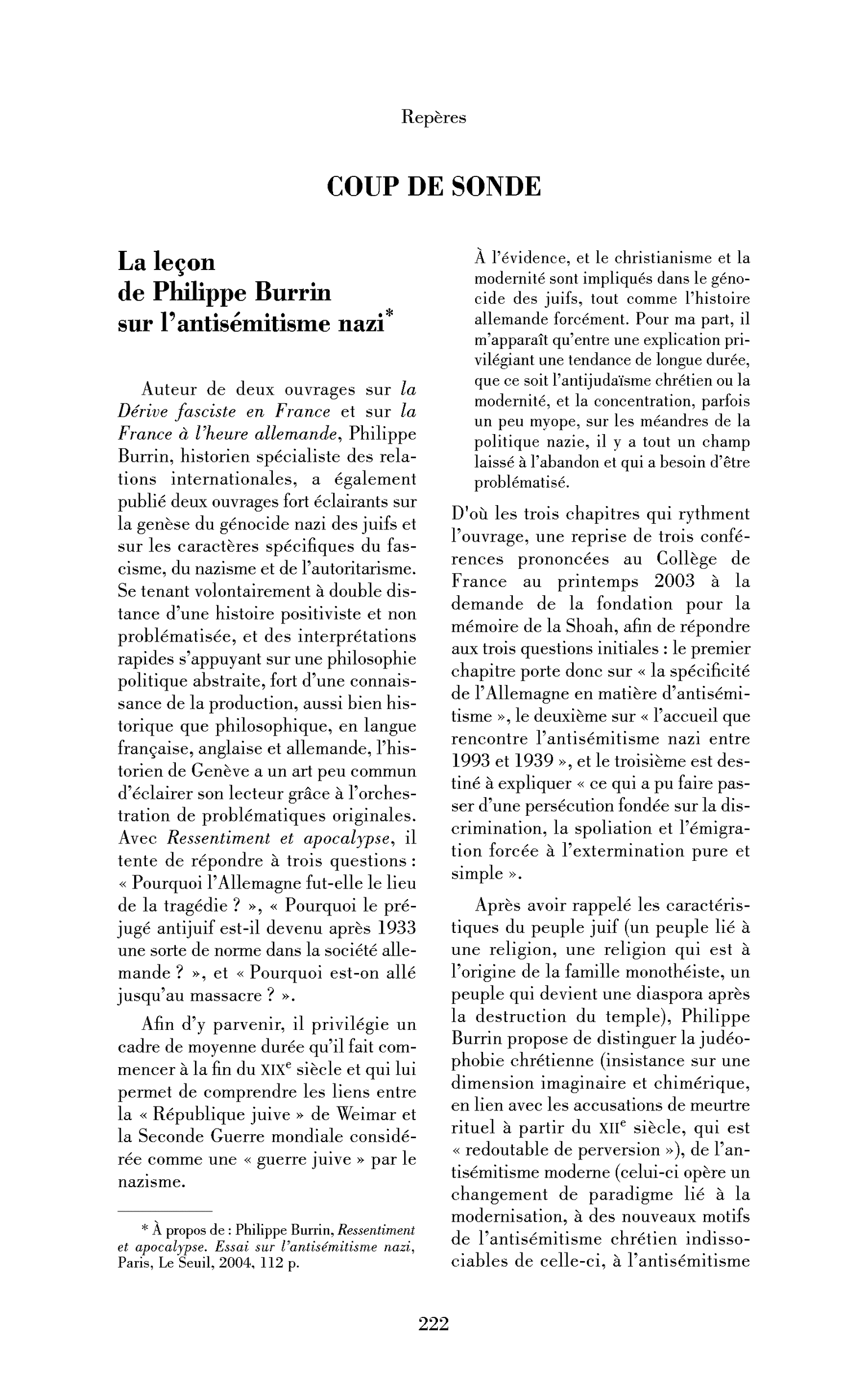 La leçon de Philippe Burrin sur l’antisémitisme nazi. (À propos de Ressentiment et apocalypse. Essai sur l’antisémitisme nazi)