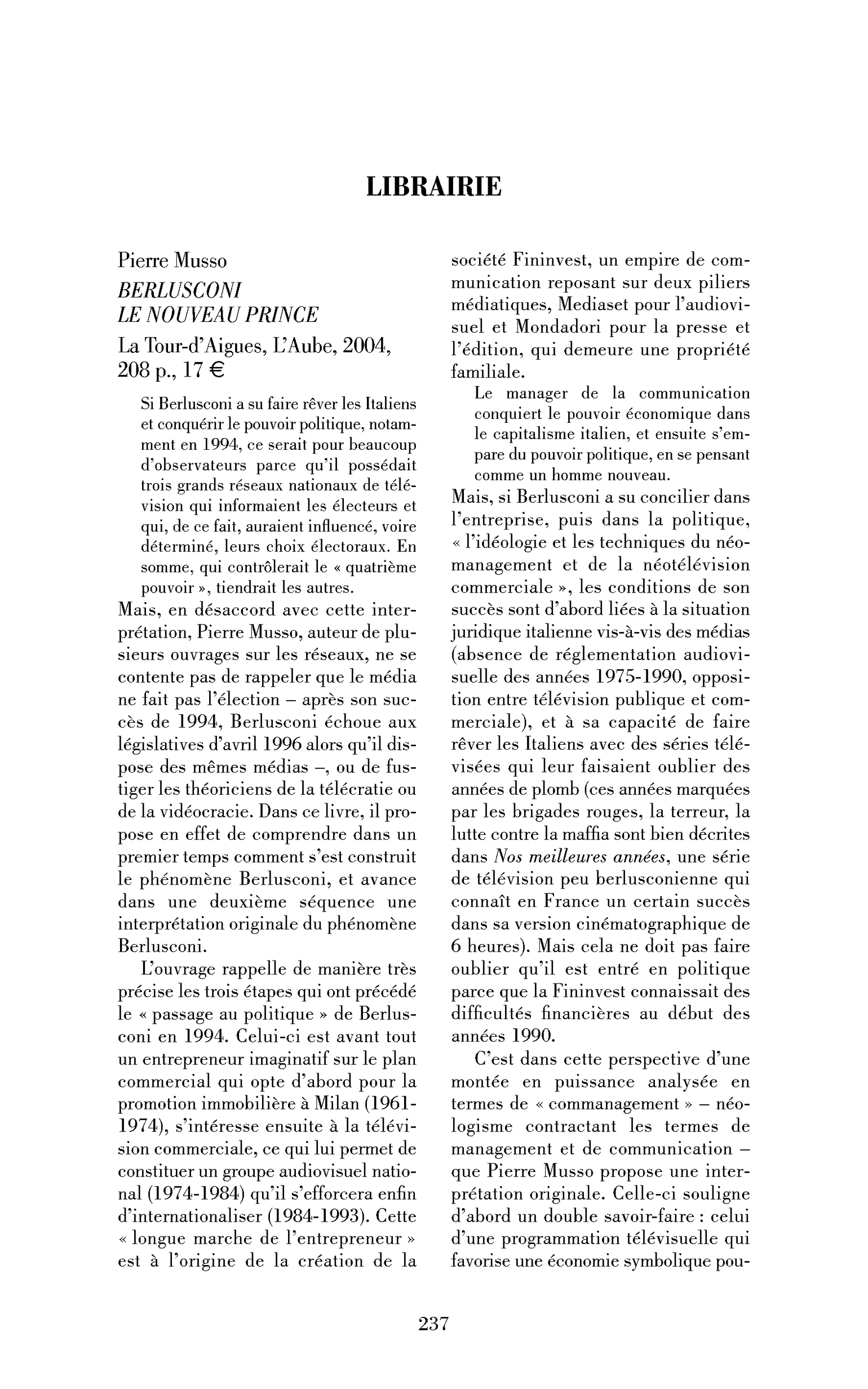 Pierre Musso: Berlusconi le nouveau prince