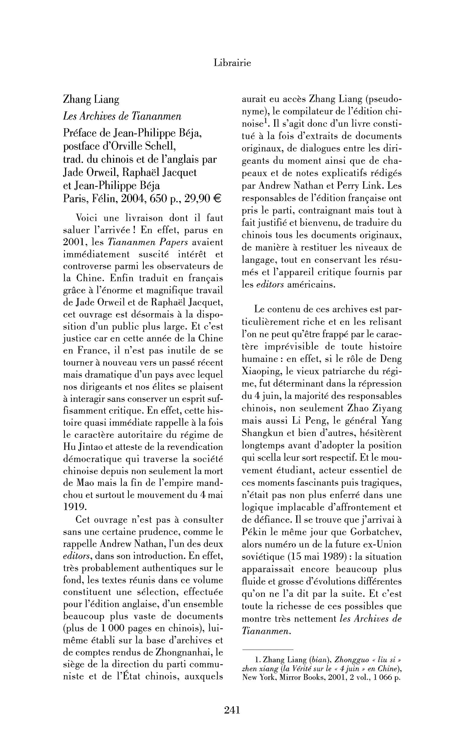 Zhang Liang: les Archives de Tiananmen