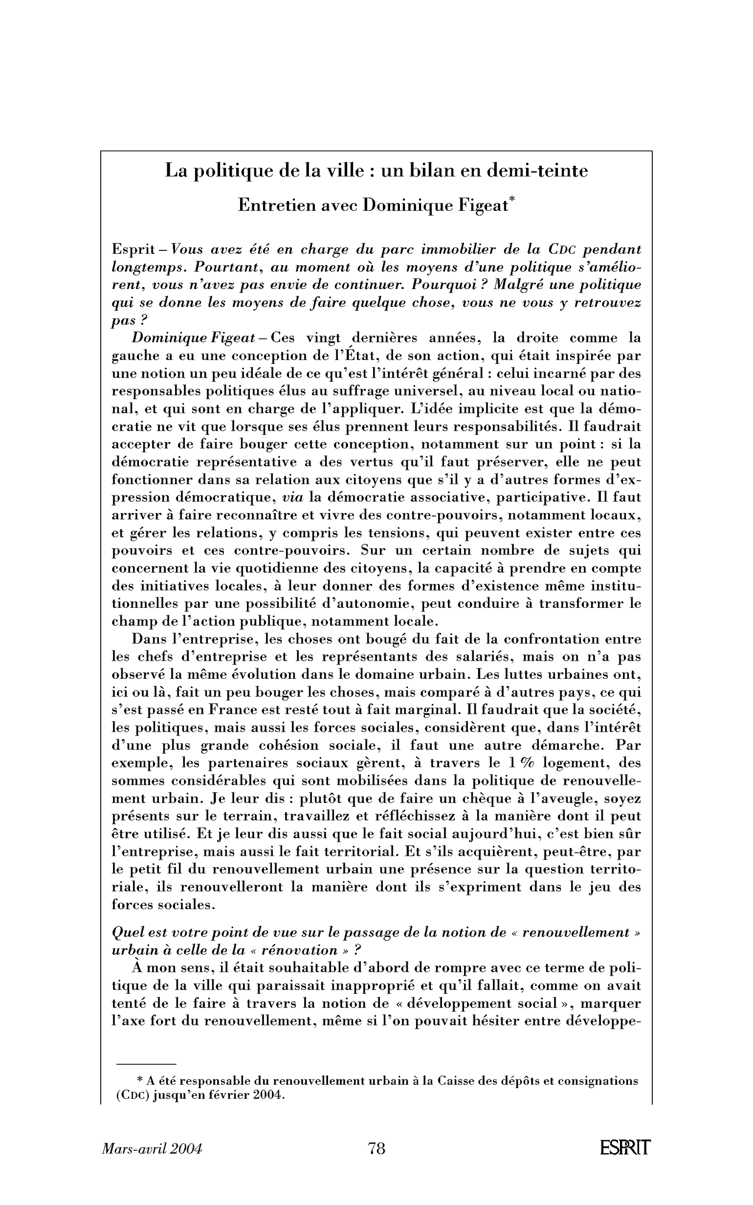 Encadré: La politique de la ville: un bilan en demi-teinte. (Entretien)
