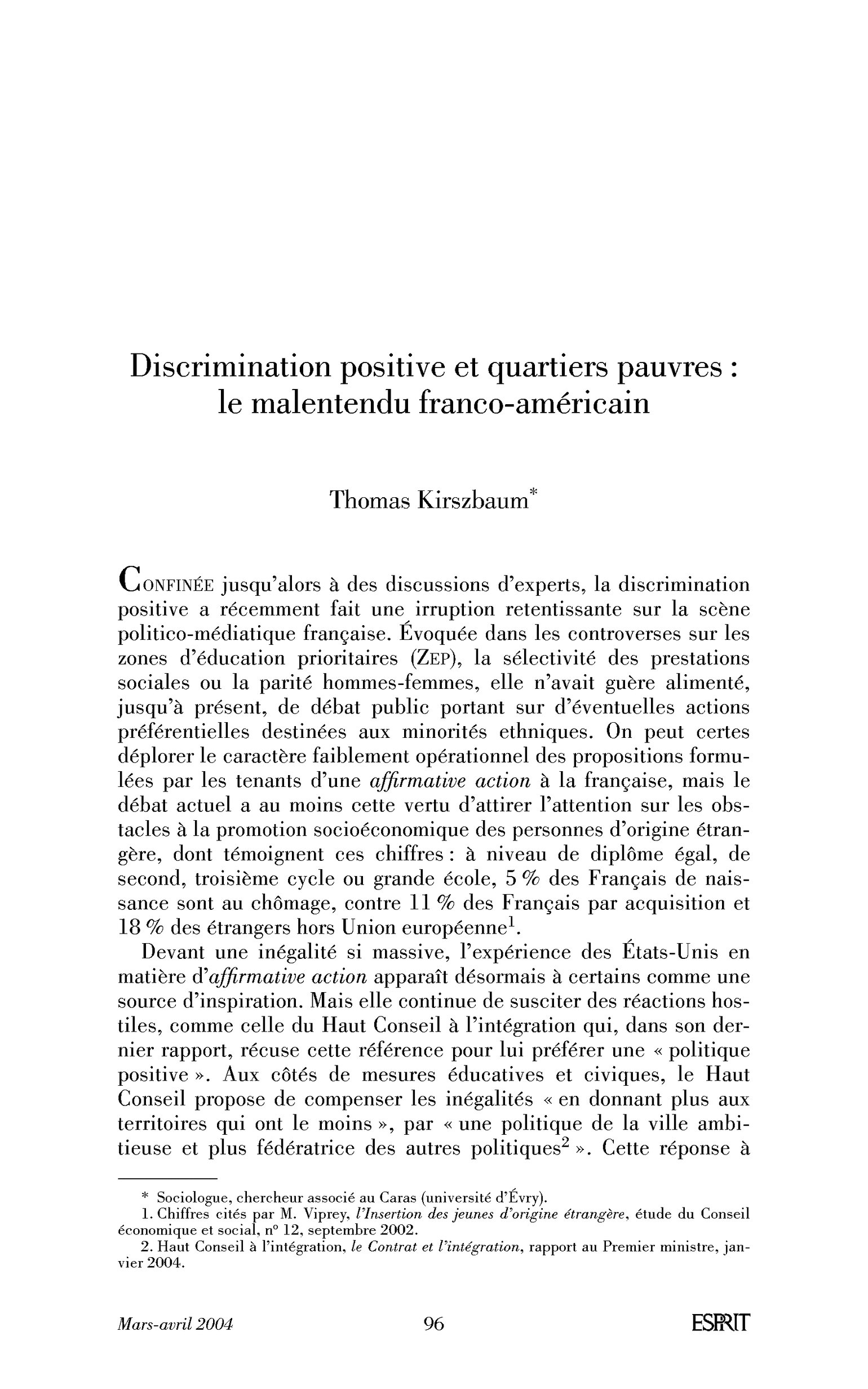 Discrimination positive et quartiers pauvres: le malentendu franco-américain