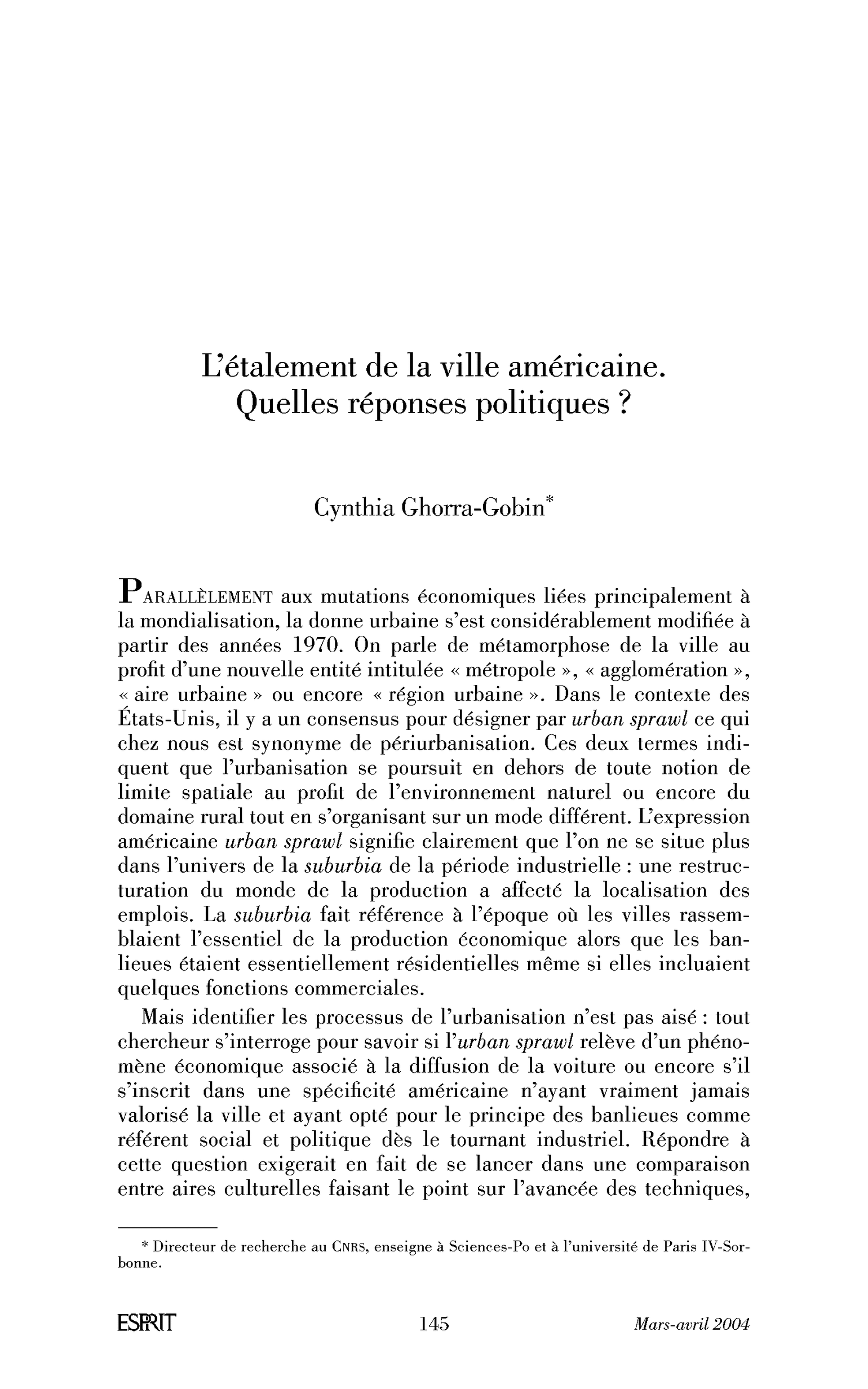 L’étalement de la ville américaine. Quelles réponses politiques?