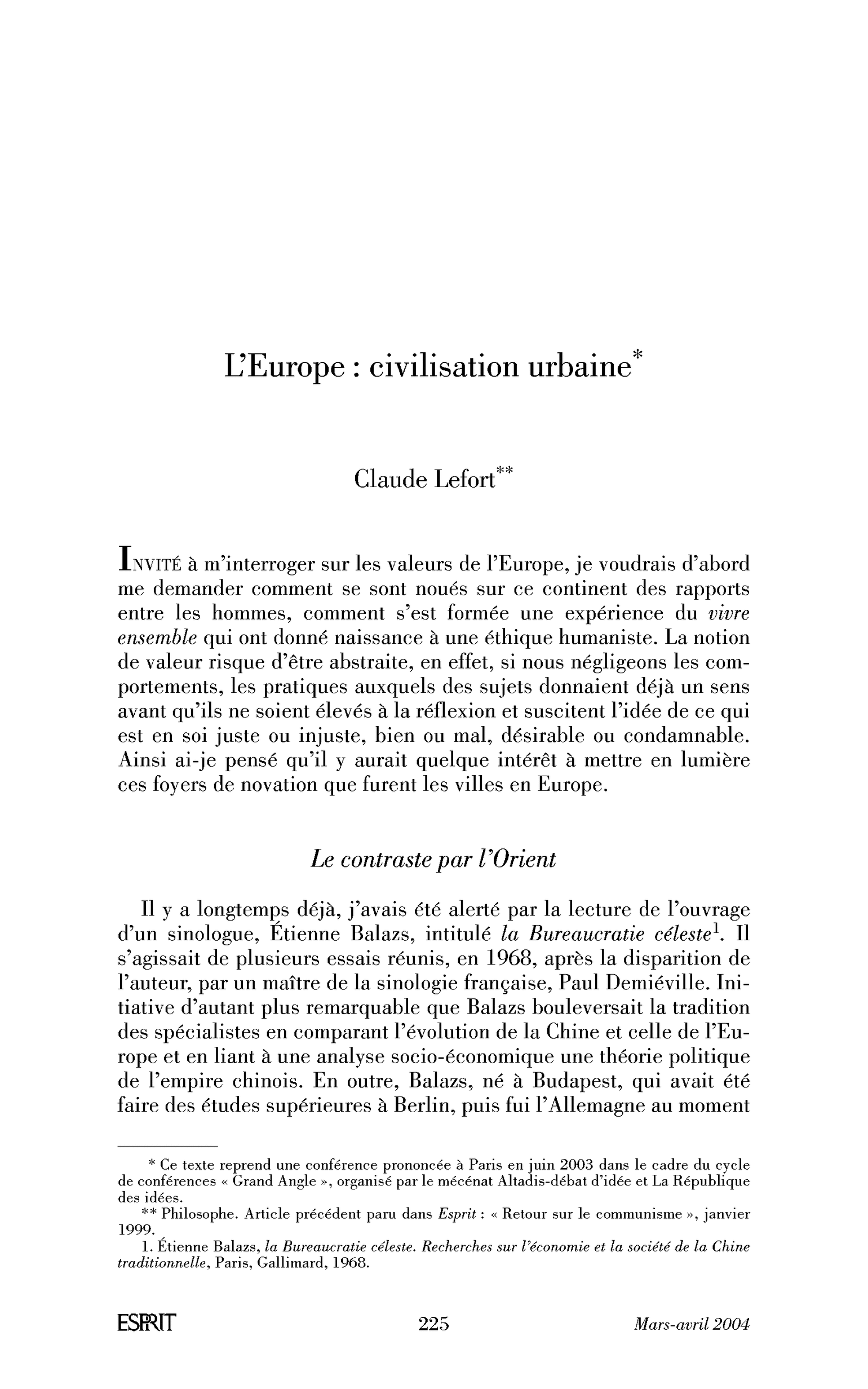 L’Europe: civilisation urbaine