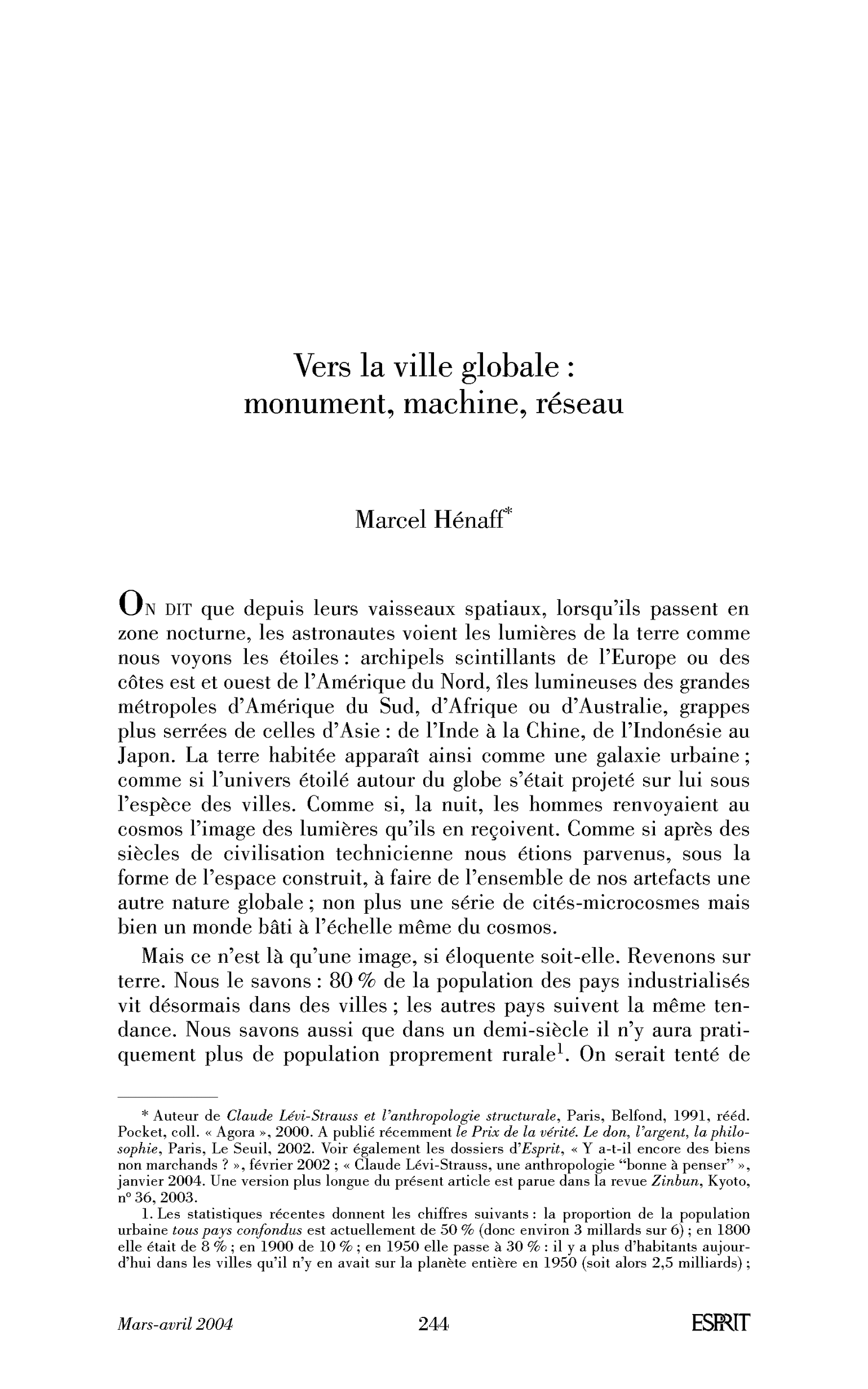 Vers la ville globale: monument, machine, réseau