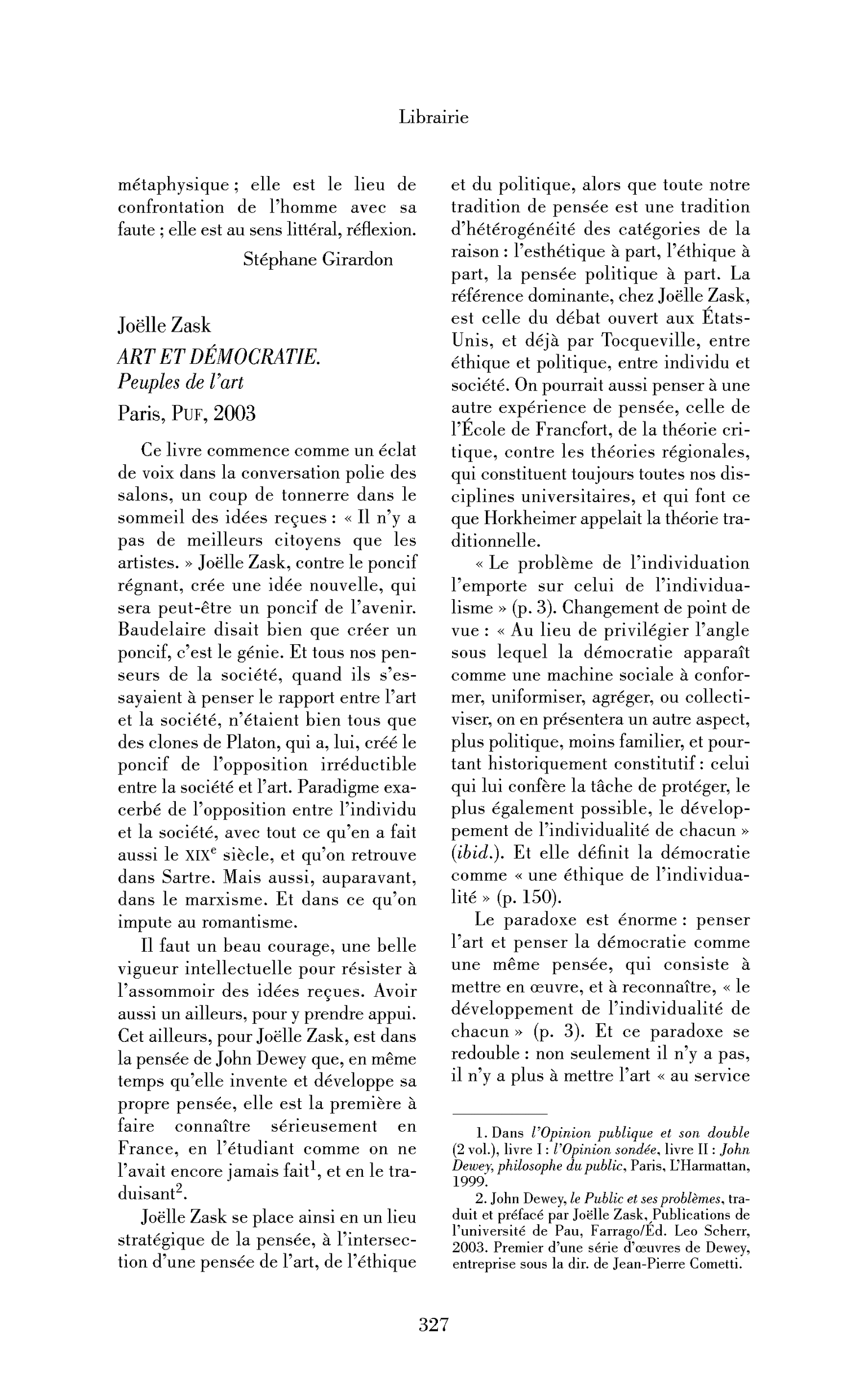 Joëlle Zask: Art et démocratie. Peuples de l’art