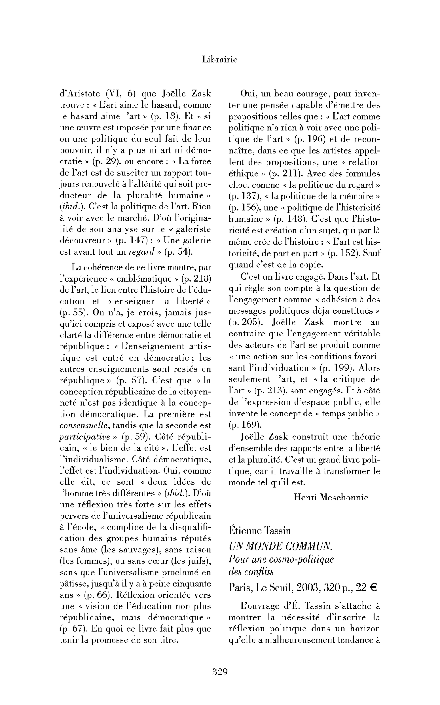 Étienne Tassin: Un monde commun. Pour une cosmo-politique des conflits