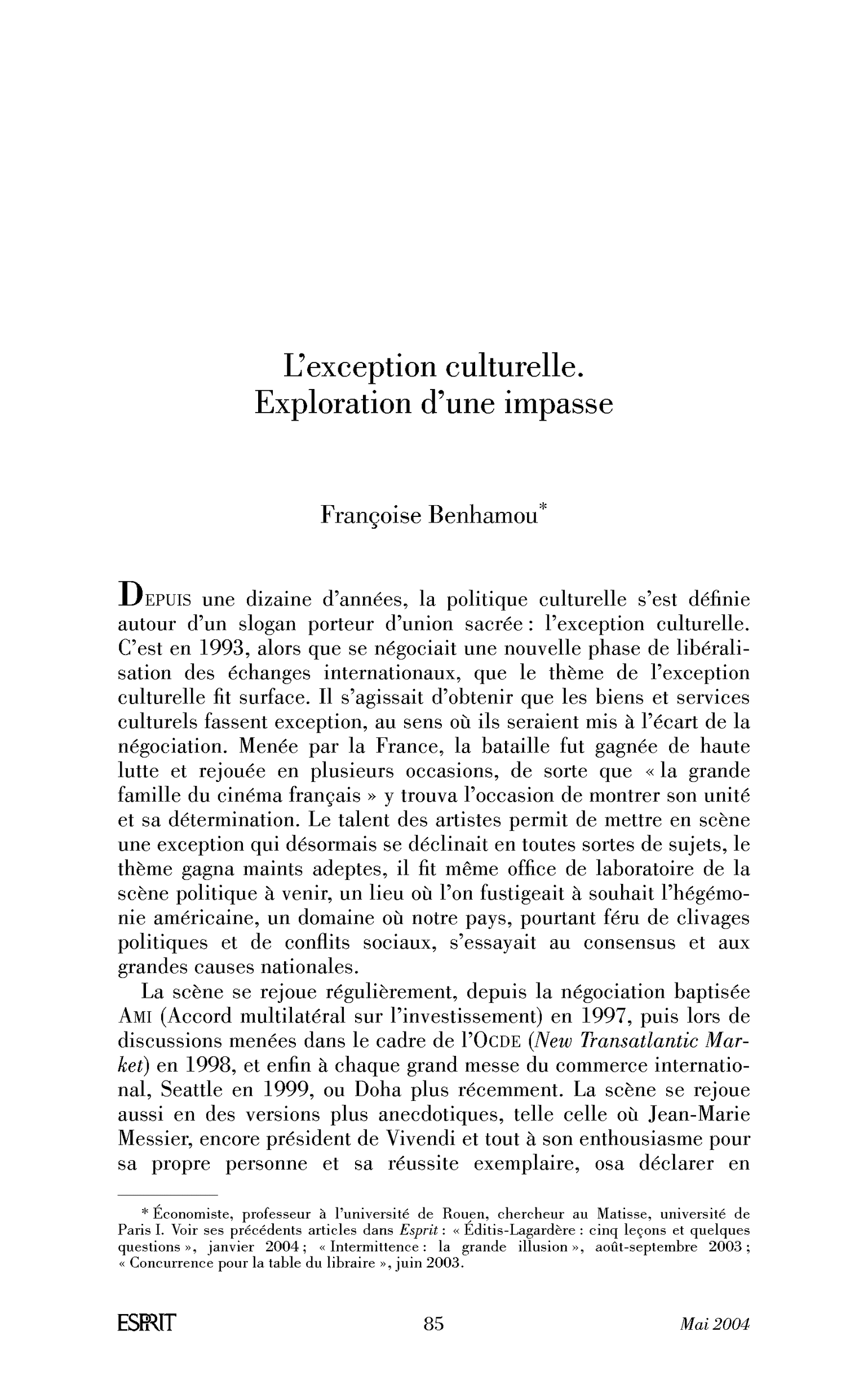 L’exception culturelle. Exploration d’une impasse